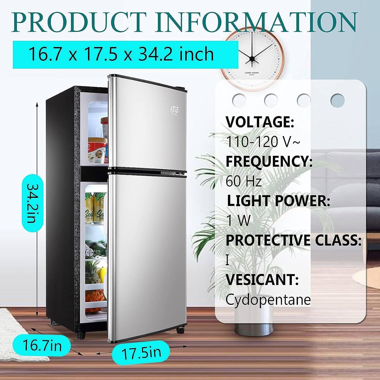 **PRODUCT INFORMATION**

- **Dimensions:** 16.7 x 17.5 x 34.2 inch
- **Voltage:** 110-120 V~
- **Frequency:** 60 Hz
- **Light Power:** 1 W
- **Protective Class:** I
- **Vesicant:** Cydopentane