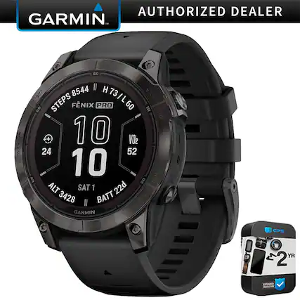 AUTHORIZED DEALER
GARMIN
FÉNIX PRO
STEPS 8544
H 73/L 60
10:10
V02 52
ALT 3428
SAT 1
BATT 22d
GARMIN
CPS
2 YR