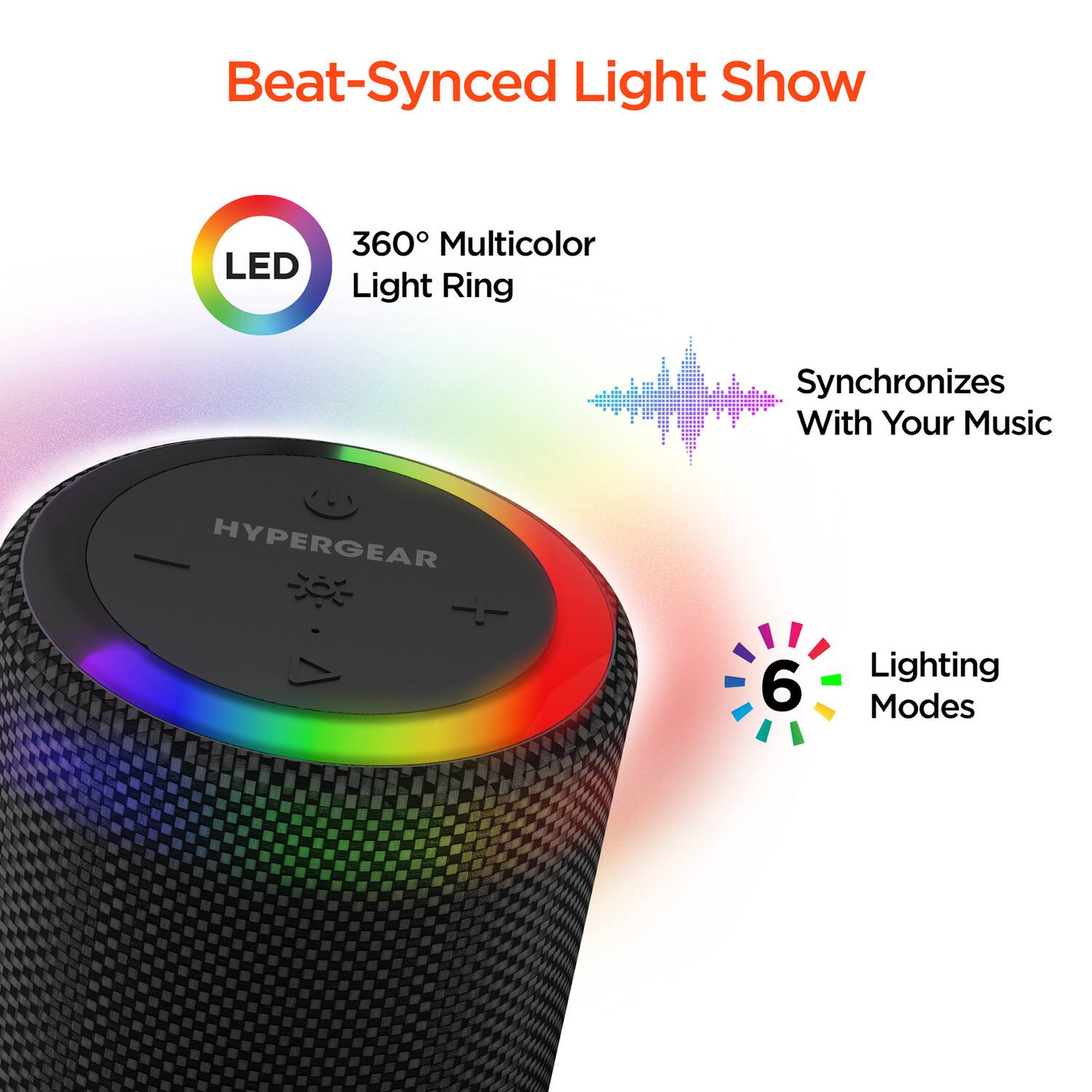 Beat-Synced Light Show

- 360° Multicolor Light Ring
- Synchronizes With Your Music
- 6 Lighting Modes

HYPERGEAR