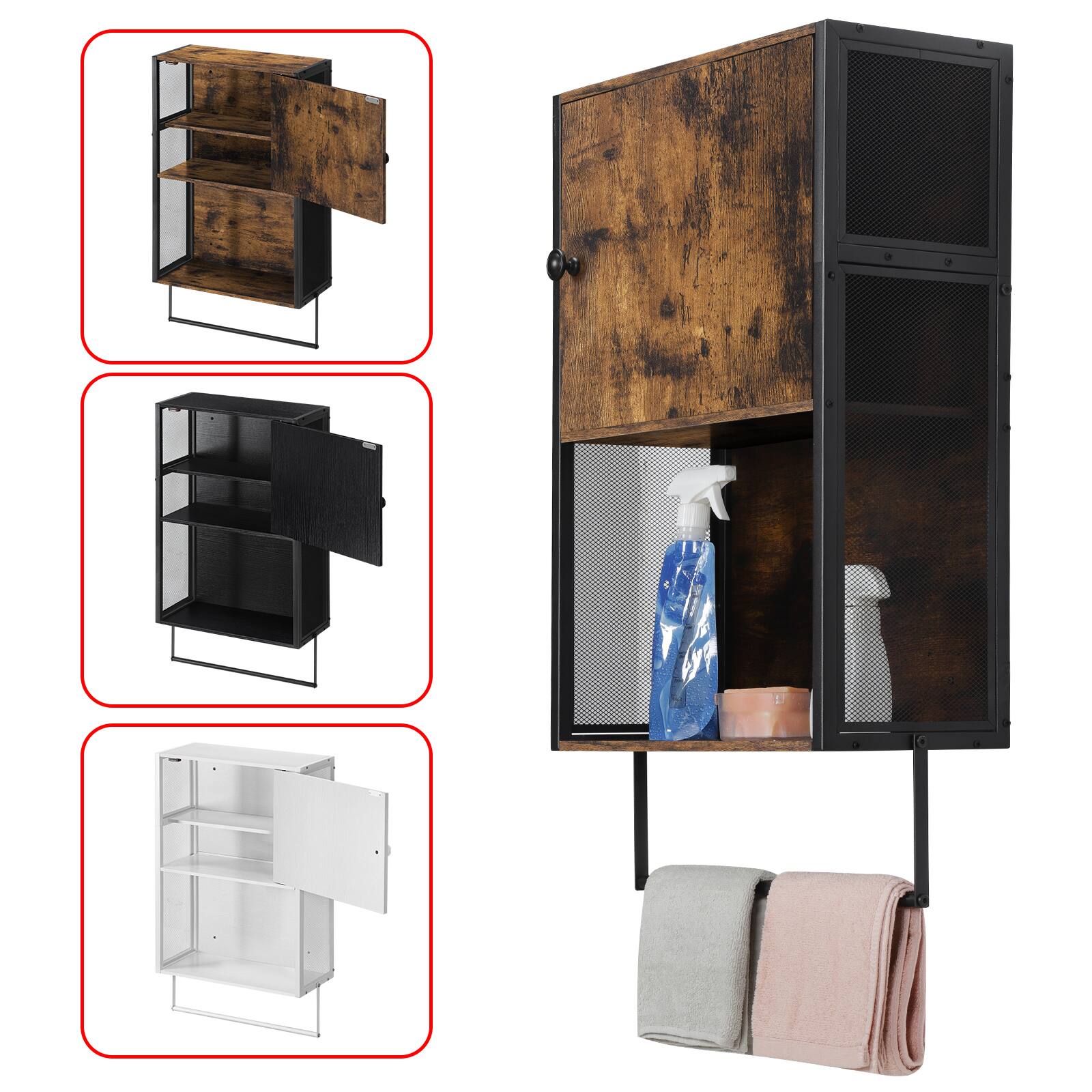 Back. Oumilen - Wall-Mounted Bathroom Cabinet with Towel Bar, Rustic Brown - Brown.