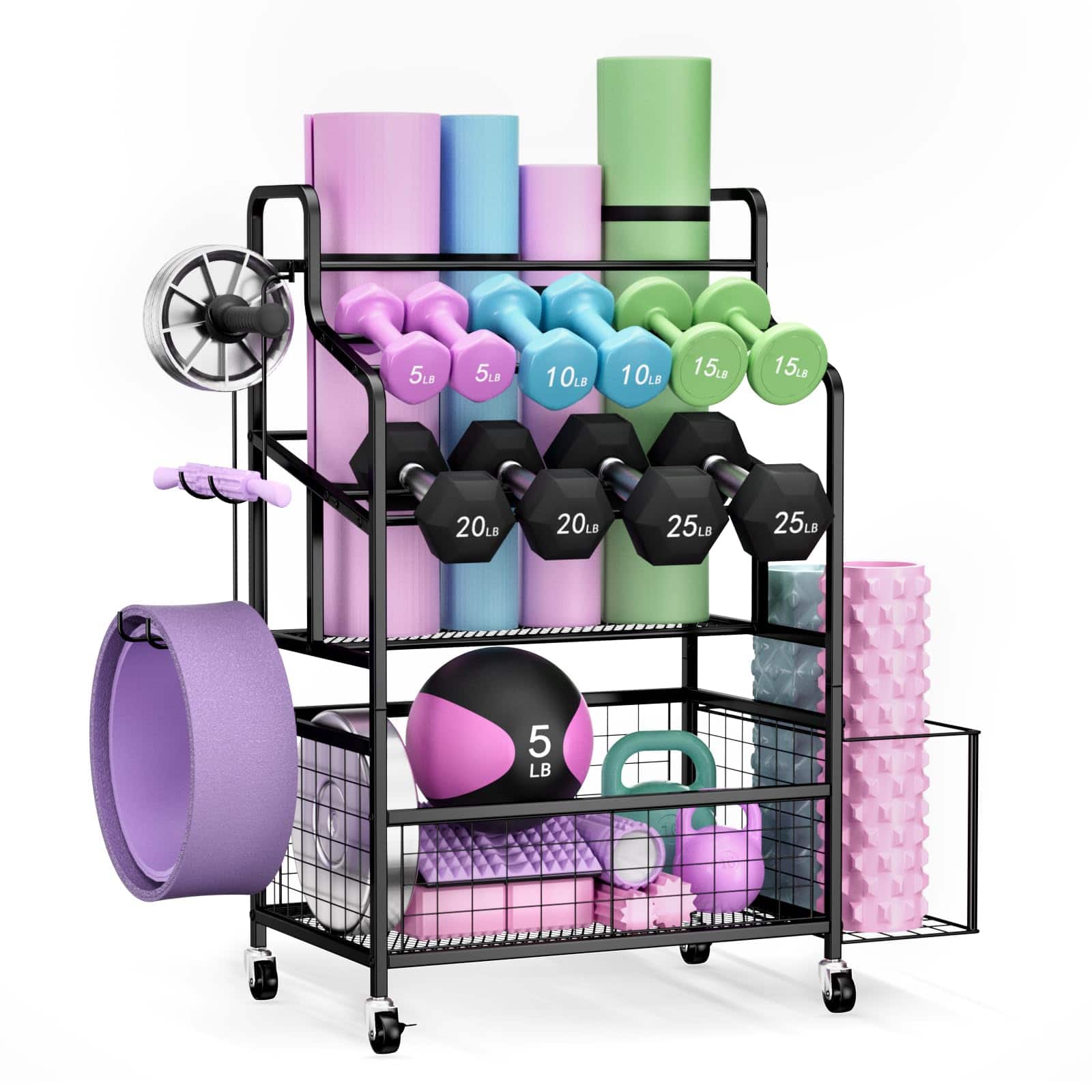 Alchemy Casas - Dumbbell Rack Home Gym Weight Storage Adjustable Stand Organizer With Wheels Holds Dumbbells Kettlebells Yoga - Multi