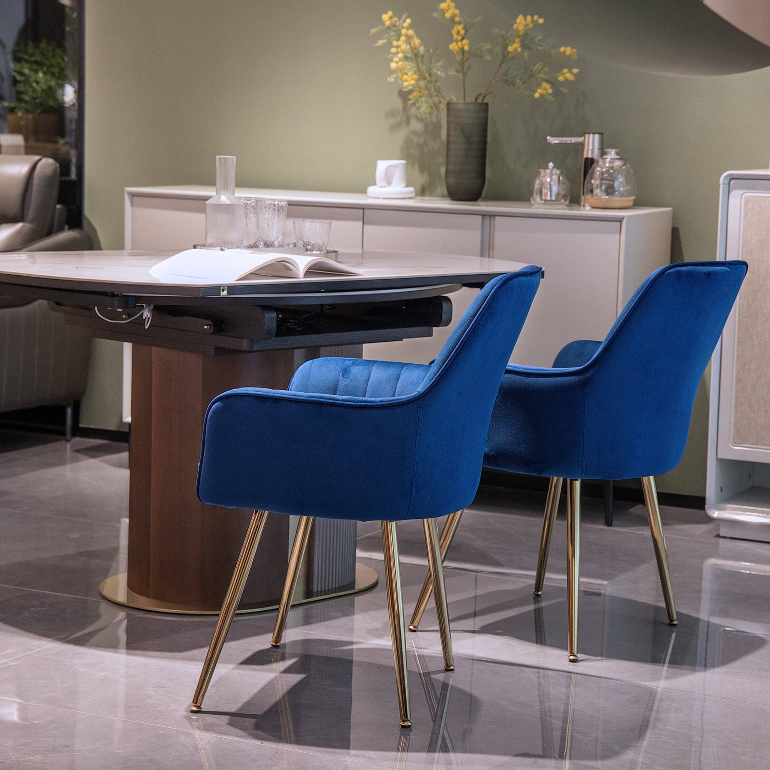 Alt View 3. Boyel Living - Velvet & Faux Leather Mid-Back Dining Chairs with Gold Plated Legs (Set of 2) Blue - Blue.