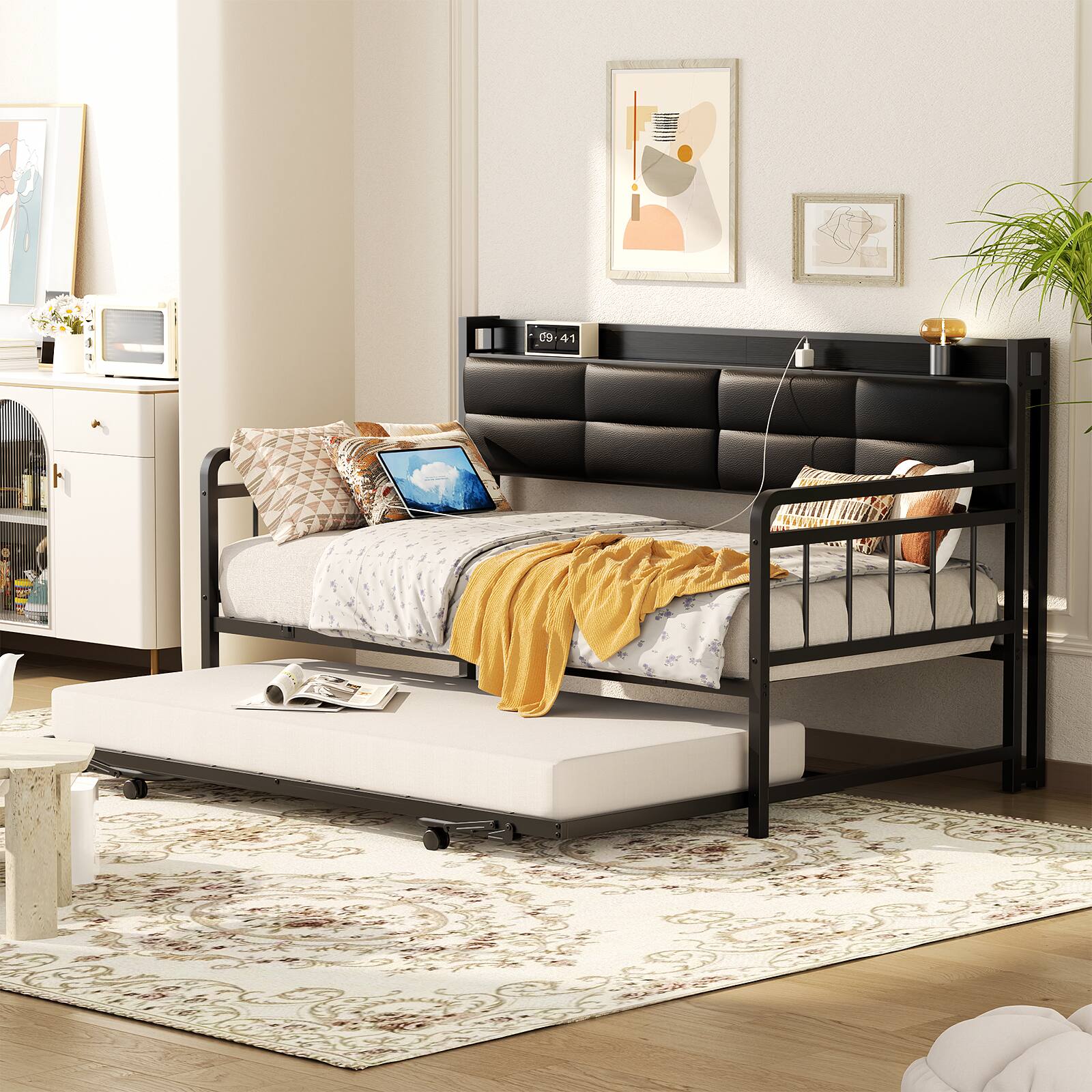 Alt View 3. Aheaplus - Twin Daybed with Trundle, Day Bed with Upholstered Headboard and Power Outlets - Black.