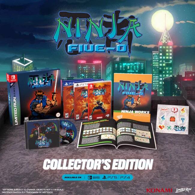 Ninja FIVE-O GB Games Run Limited Inja 0 AP PJ BP PSS M Ninja FIVE-D Ninja Works 9P HelpT Collector's Edition Available on | Switch. PSS PS4 Artwork Subject to Change Objects Not 1:1 in Scale. Nintendo Switch is a Trademark of Nintendo. Konami Limited Run.