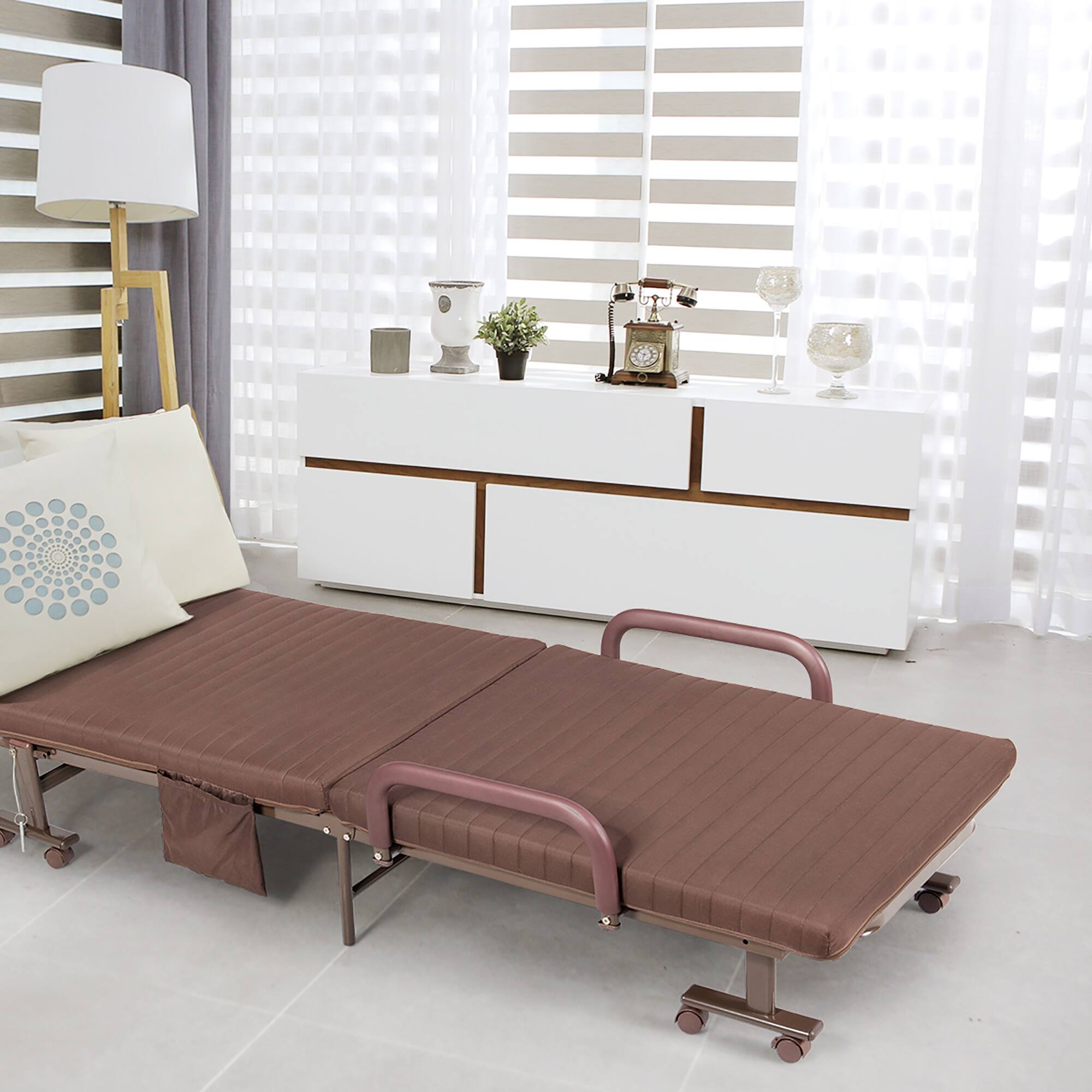 Alt View 3. Costway - Costway Folding Bed Adjustable Guest Single Bed Twin Mattress Portable Wheels - Brown.