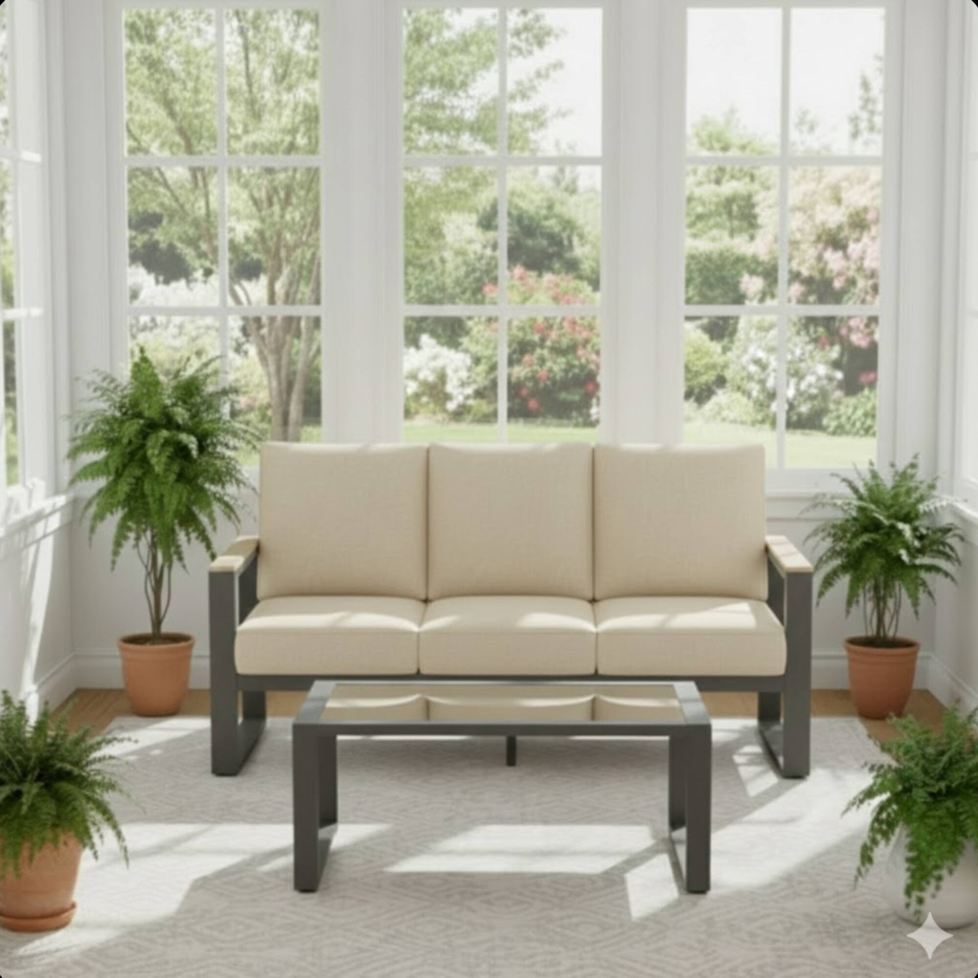 Angle. Mondawe - 2-Piece 3-Seat Outdoor Aluminum Sofa Couch Set with Cushions and Glass Coffee Table - Beige+Black.