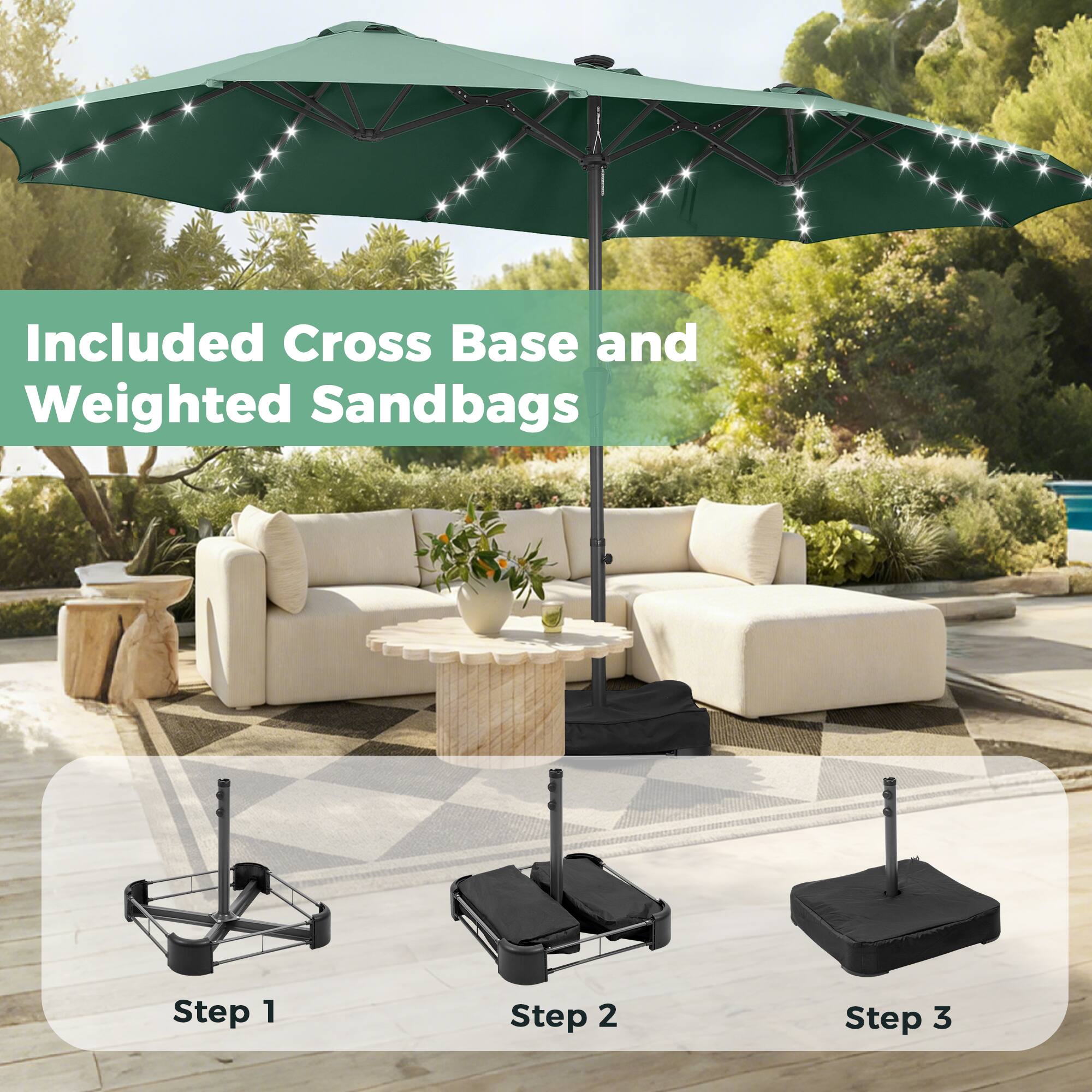 Included Cross Base and Weighted Sandbags

Step 1

Step 2

Step 3