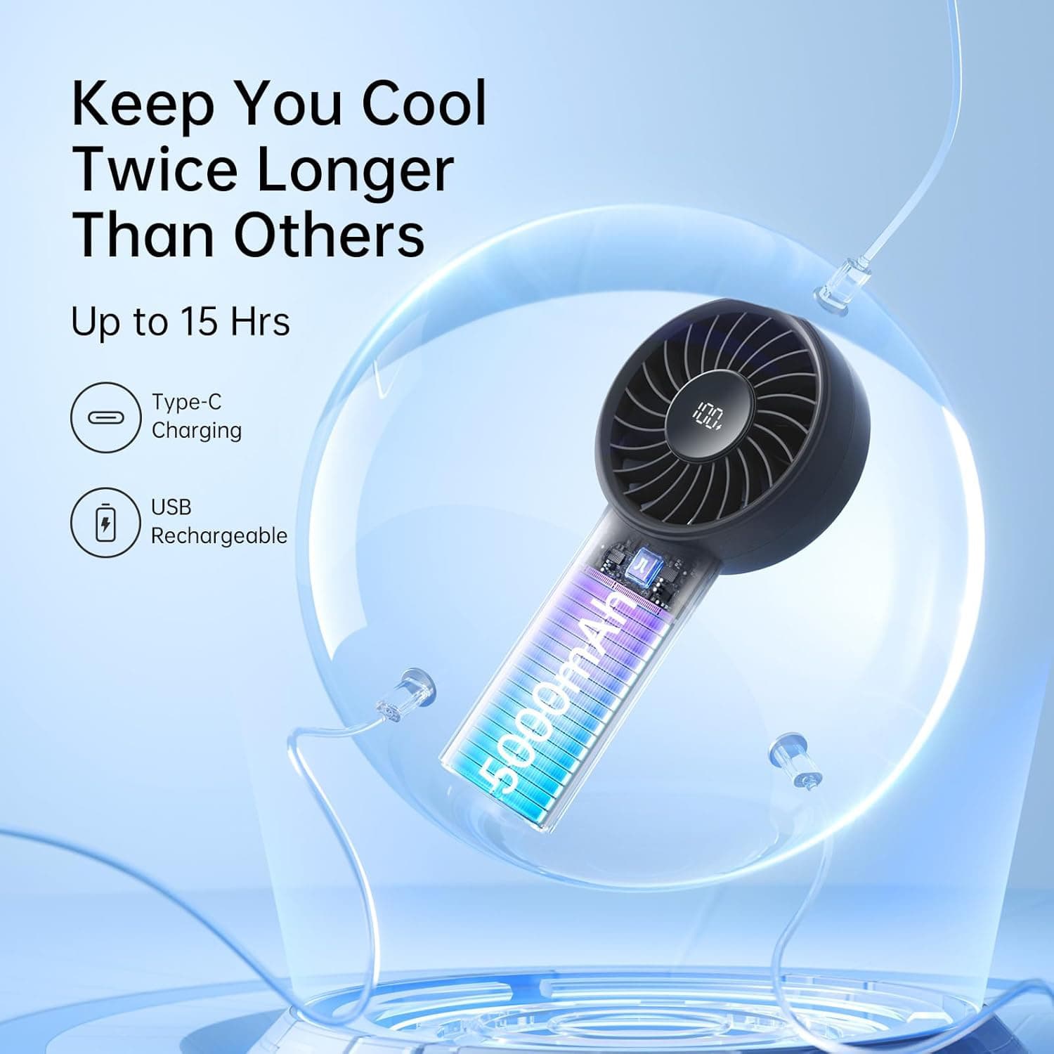 Keep You Cool Twice Longer Than Others  
Up to 15 Hrs  
Type-C Charging  
USB Rechargeable  
5000mAh