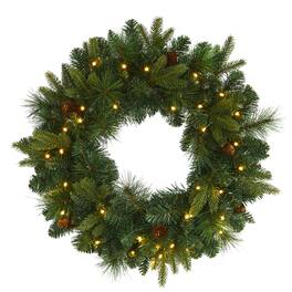 BreeBe - 24” Mixed Pine Xmas Wreath with 35 LED Lights and Pinecones - Brown, Green