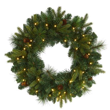 Front. BreeBe - 24” Mixed Pine Xmas Wreath with 35 LED Lights and Pinecones - Brown, Green.