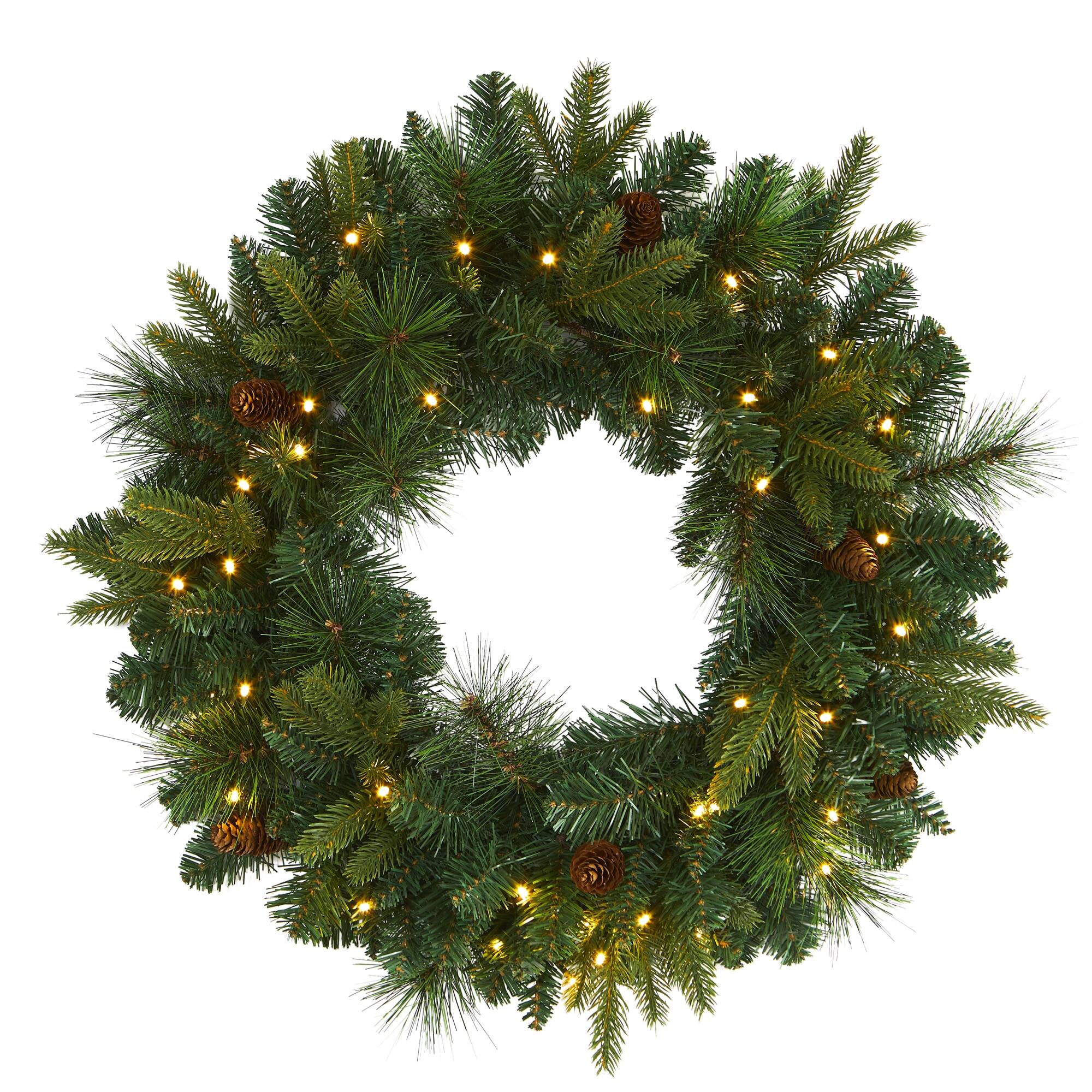 Front. BreeBe - 24” Mixed Pine Xmas Wreath with 35 LED Lights and Pinecones - Brown, Green.