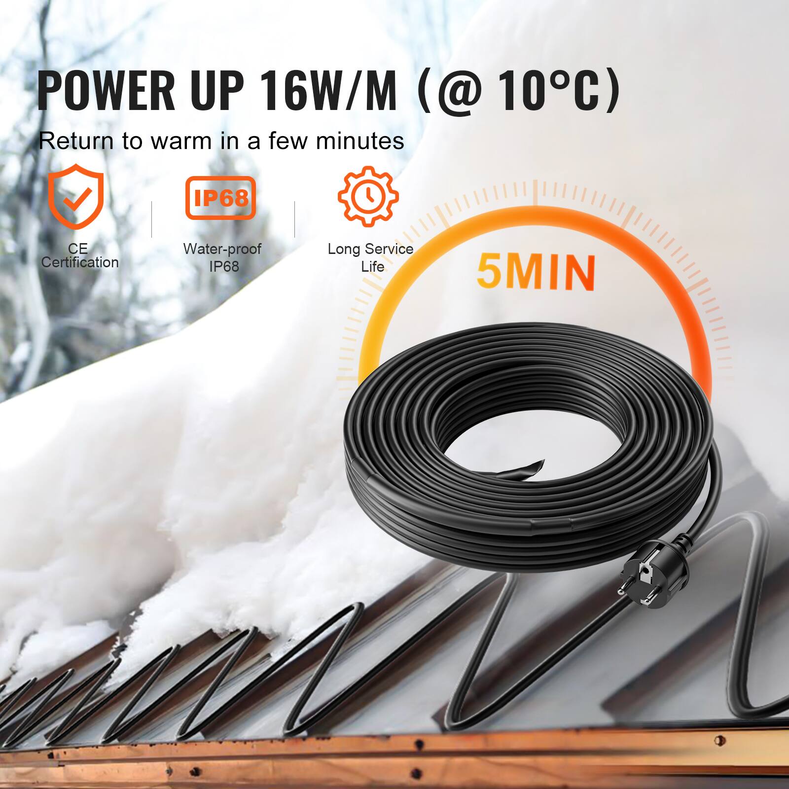 POWER UP 16W/M (@ 10°C)  
Return to warm in a few minutes  
IP68 CE Certification Water-proof IP68  
Long Service Life  
5MIN