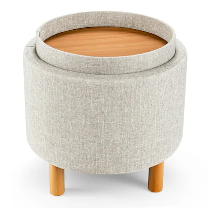 Front. Gymax - Gymax Round Storage Ottoman w/Tray Top Accent Padded Footrest w/Wood Legs Beige - Beige.