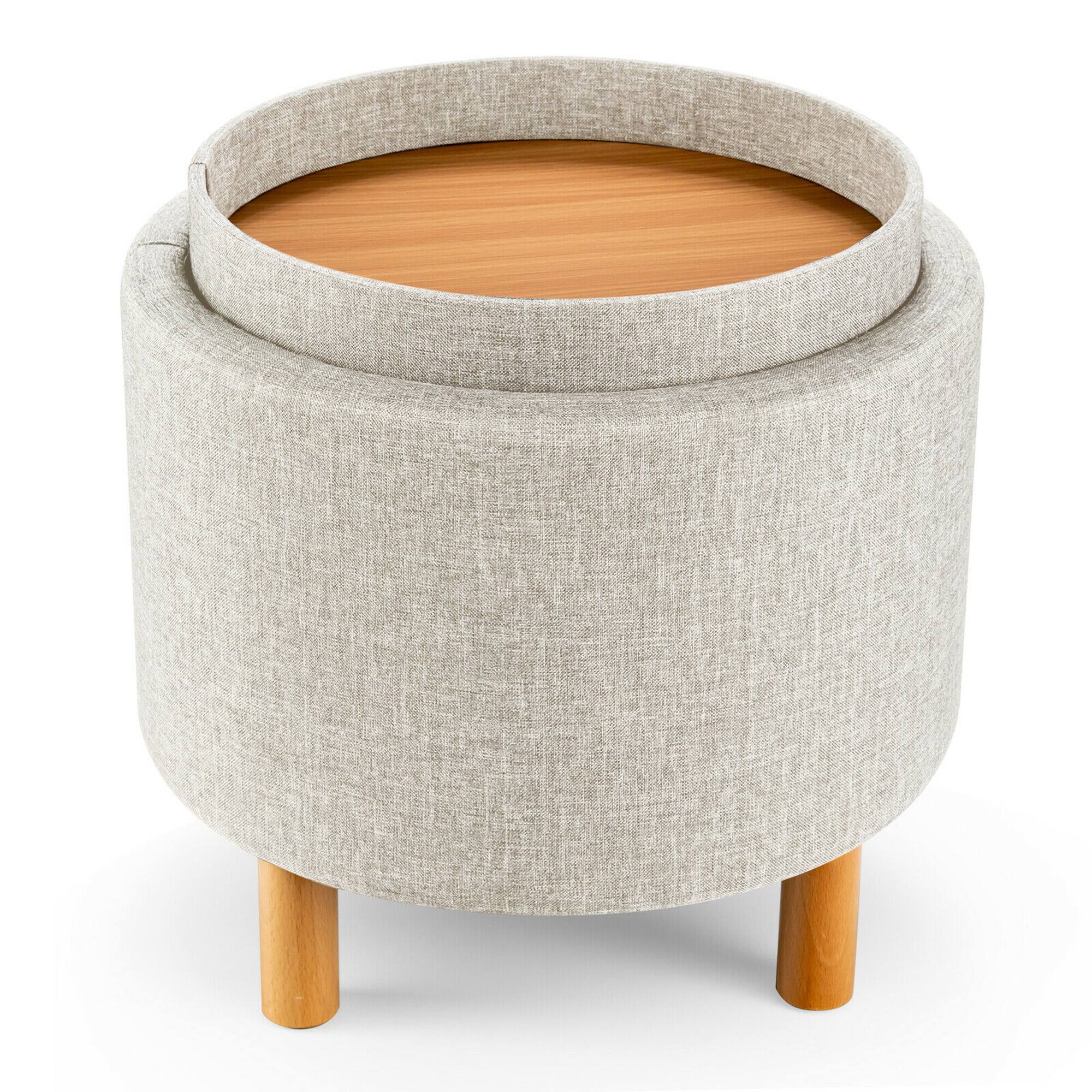 Gymax - Round Storage Ottoman w/Tray Top Accent Padded Footrest w/Wood Legs - Beige