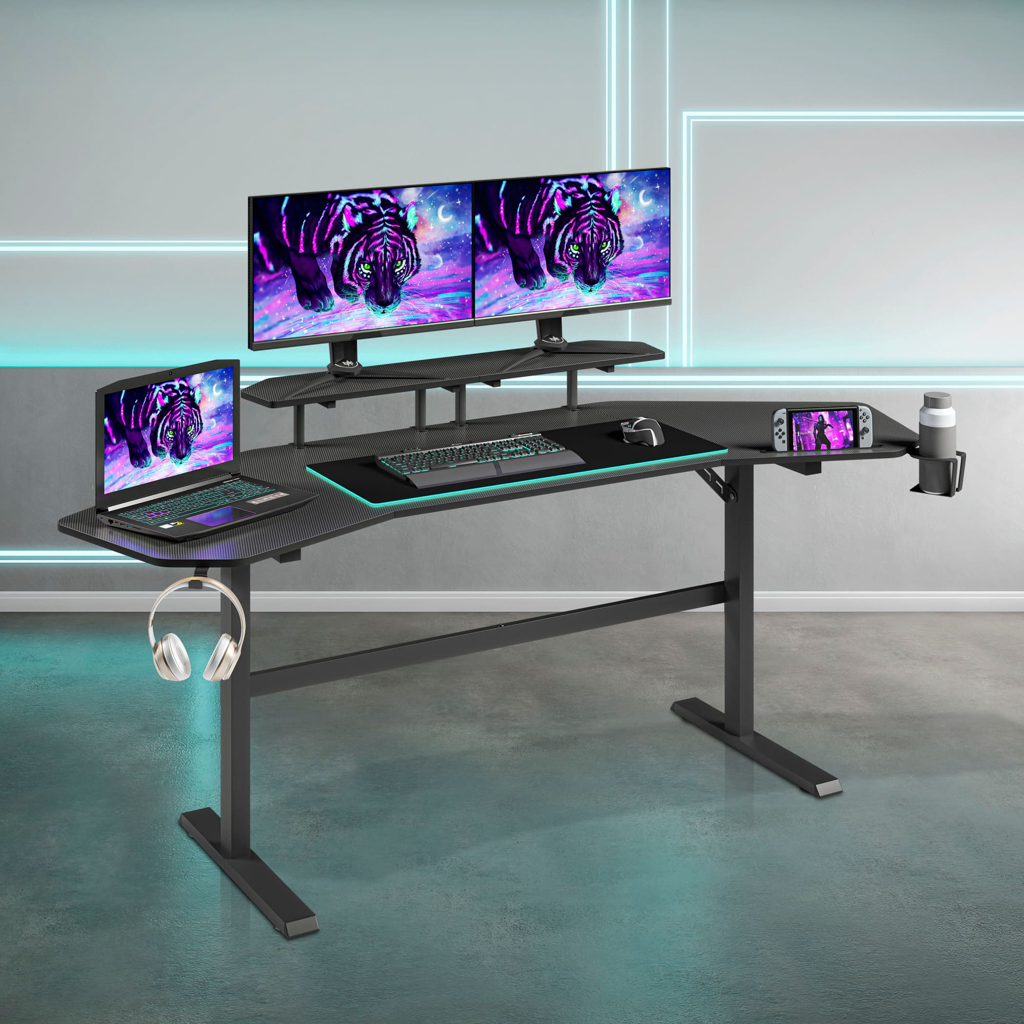 GOODSILO - Premium Gaming Desk with Shelves and Accessory Holders for Enhanced Gaming Experience - Black