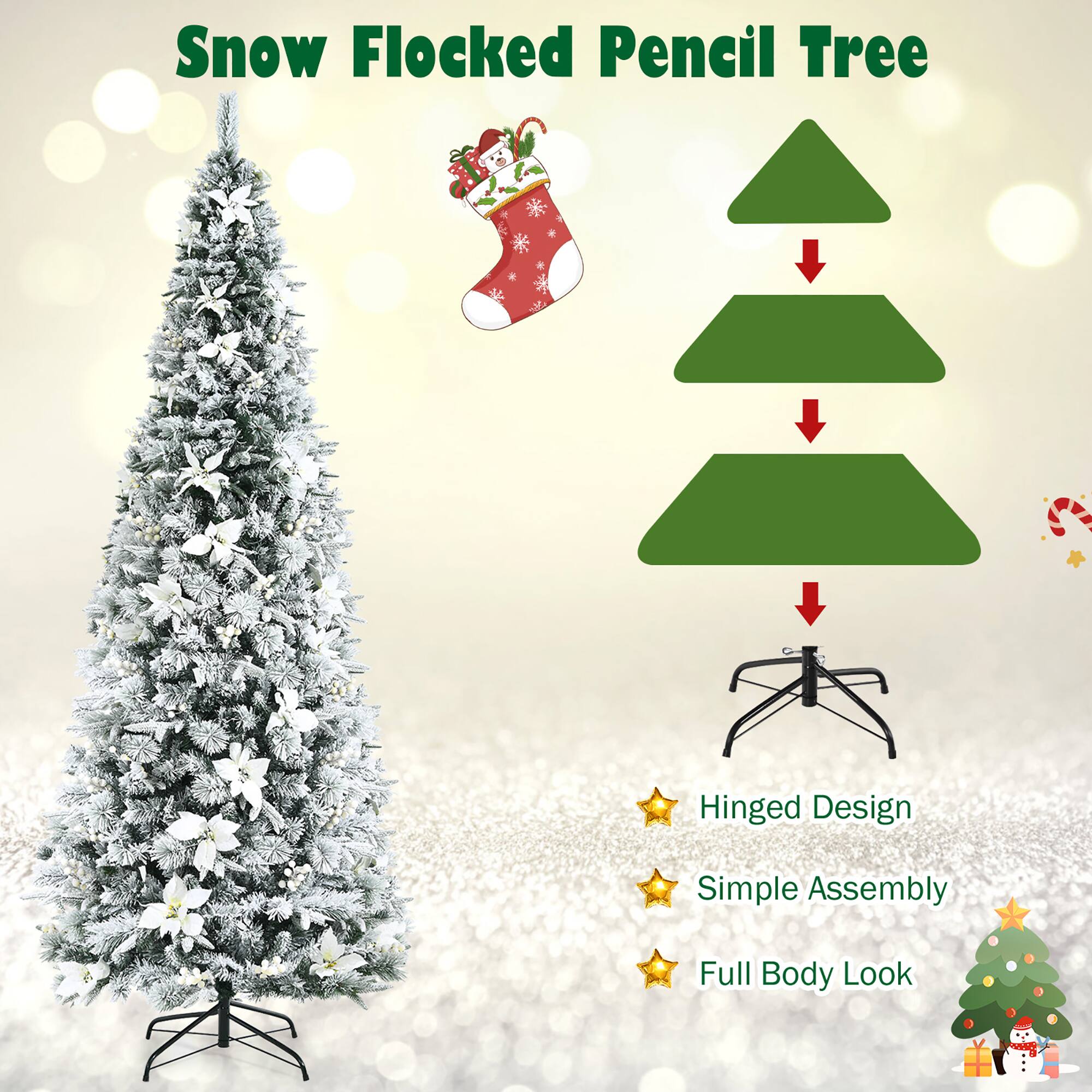 Snow Flocked Pencil Tree Hinged Design Simple Assembly Full Body Look