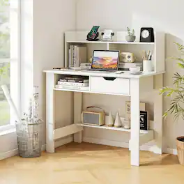 Resenkos - Home Office Computer Desk with Storage Shelves and Drawer Ideal for Working and Studying, Home Office Desks - White