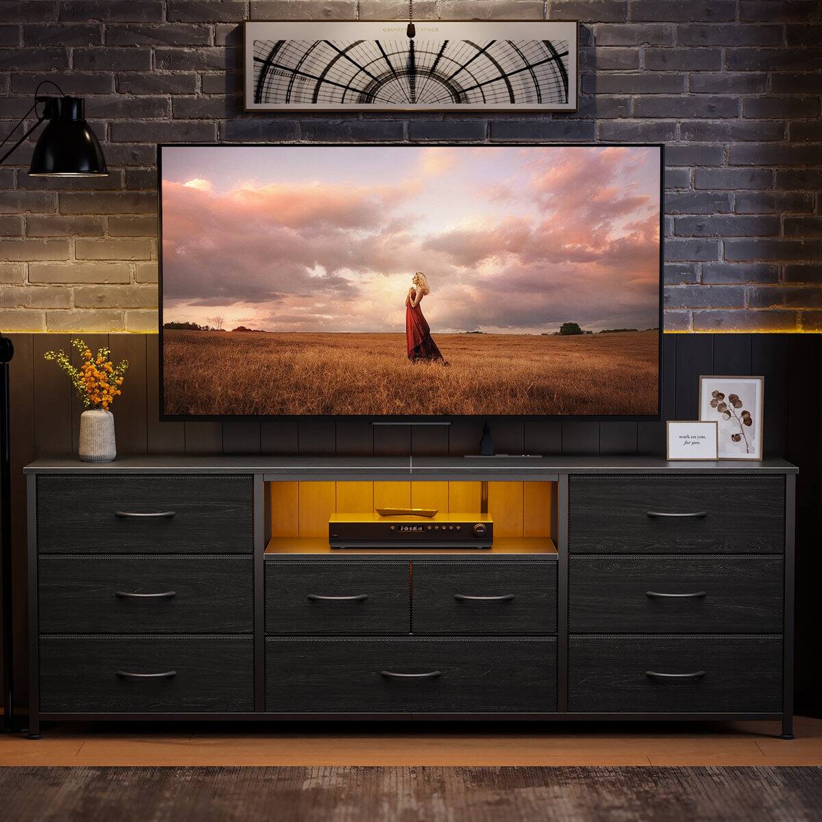 Angle. Furnulem - 63 Inch Modern TV Stand with LED Lights Charging Station  9 Drawers Media Console for Living Room  Bedroom - Black.