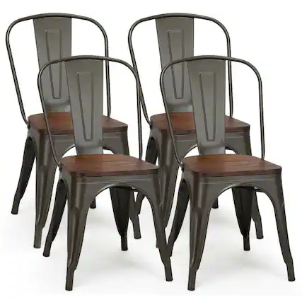 Front. Kadyn - Dining Chairs, Kitchen Chairs Trattoria Chairs,18 In Height Set of 4 Stackable Style Metal Wood Dining Chair-Dark Green - Green.
