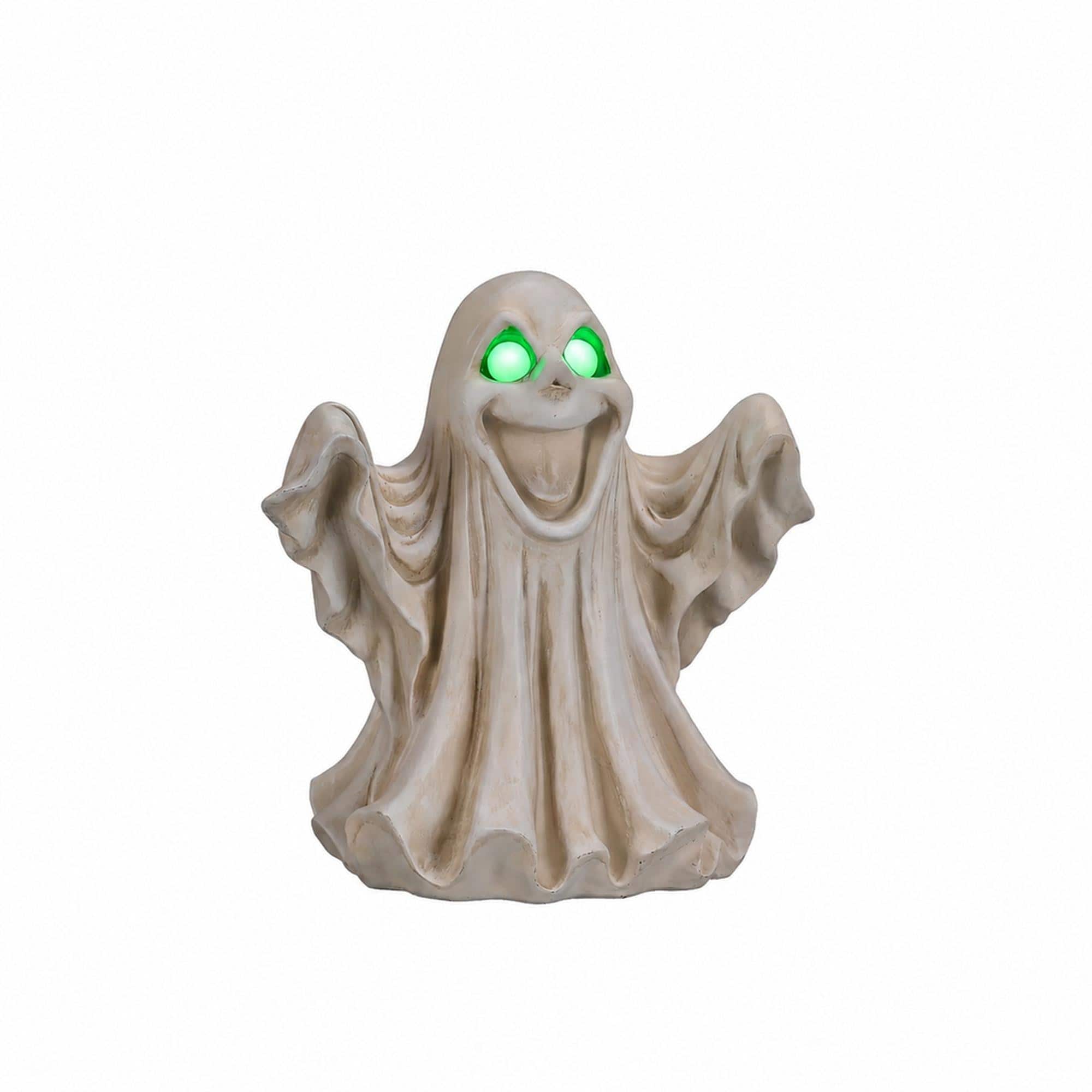 Front. RYHNUYNE - Halloween Ghost Figurine with Glowing LED Eyes for Spooky Home and Party Decor, Resin Tabletop Statue for Shelves - White.