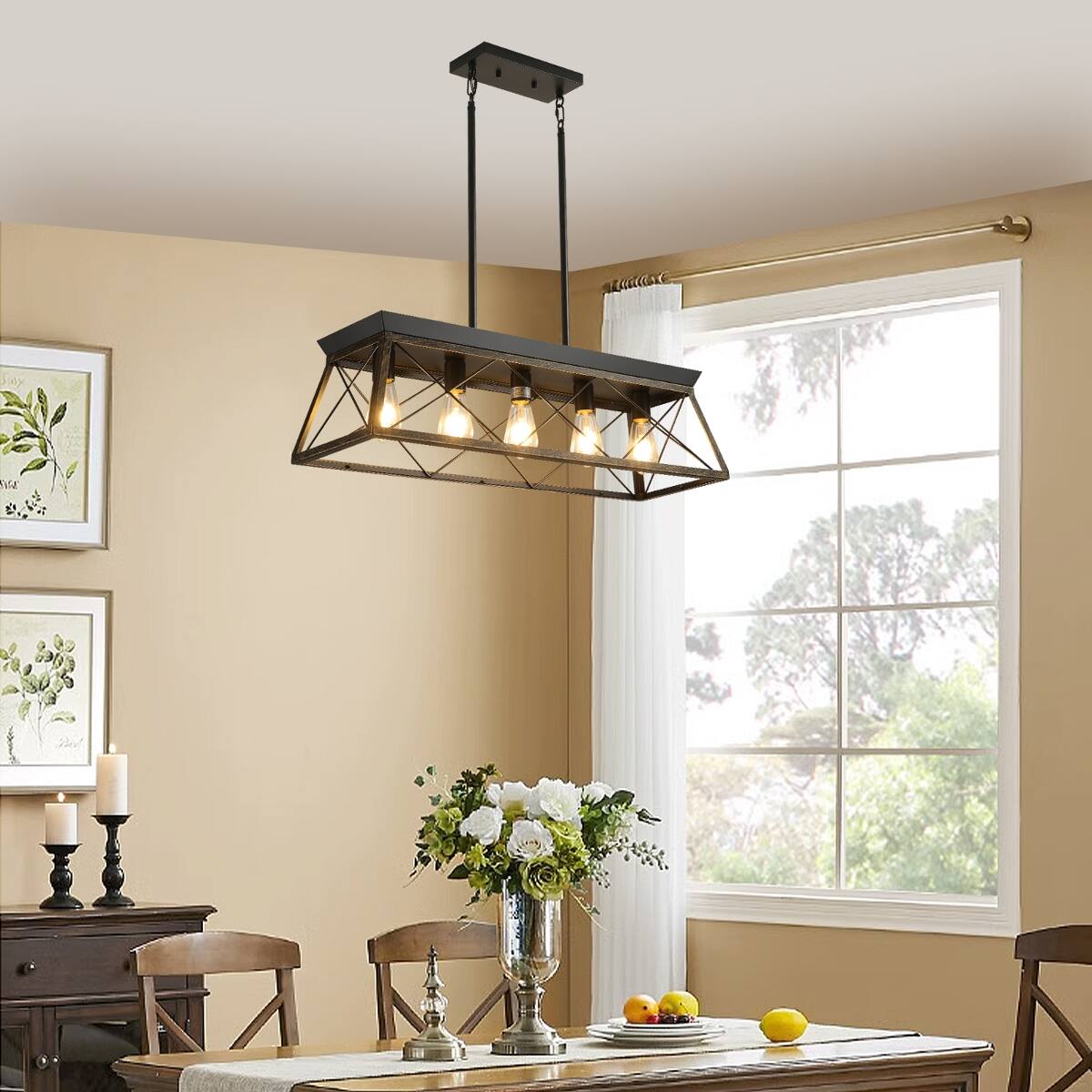 Loheer 32 Inch Industrial Pendant Chandelier, Black Gold Metal Cage ...
