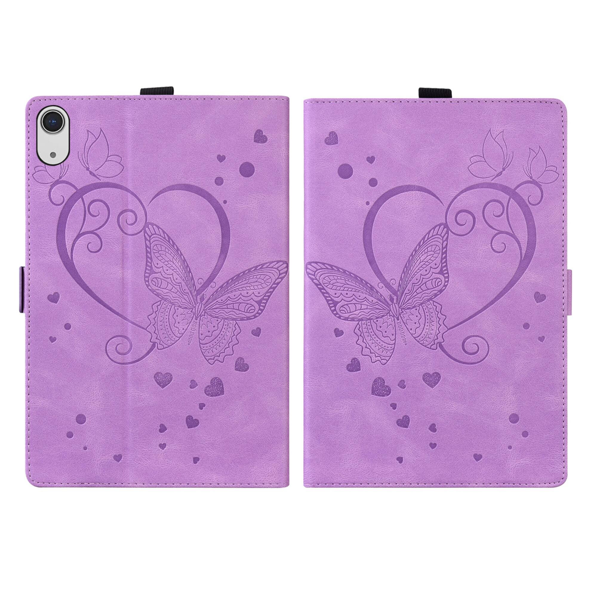 Left. Dteck - For Apple iPad mini (A17 Pro) 2024/iPad mini (6th) PU Leather Embossed Butterfly Folio Case+Card Holder Flip Stand Cover - Purple.
