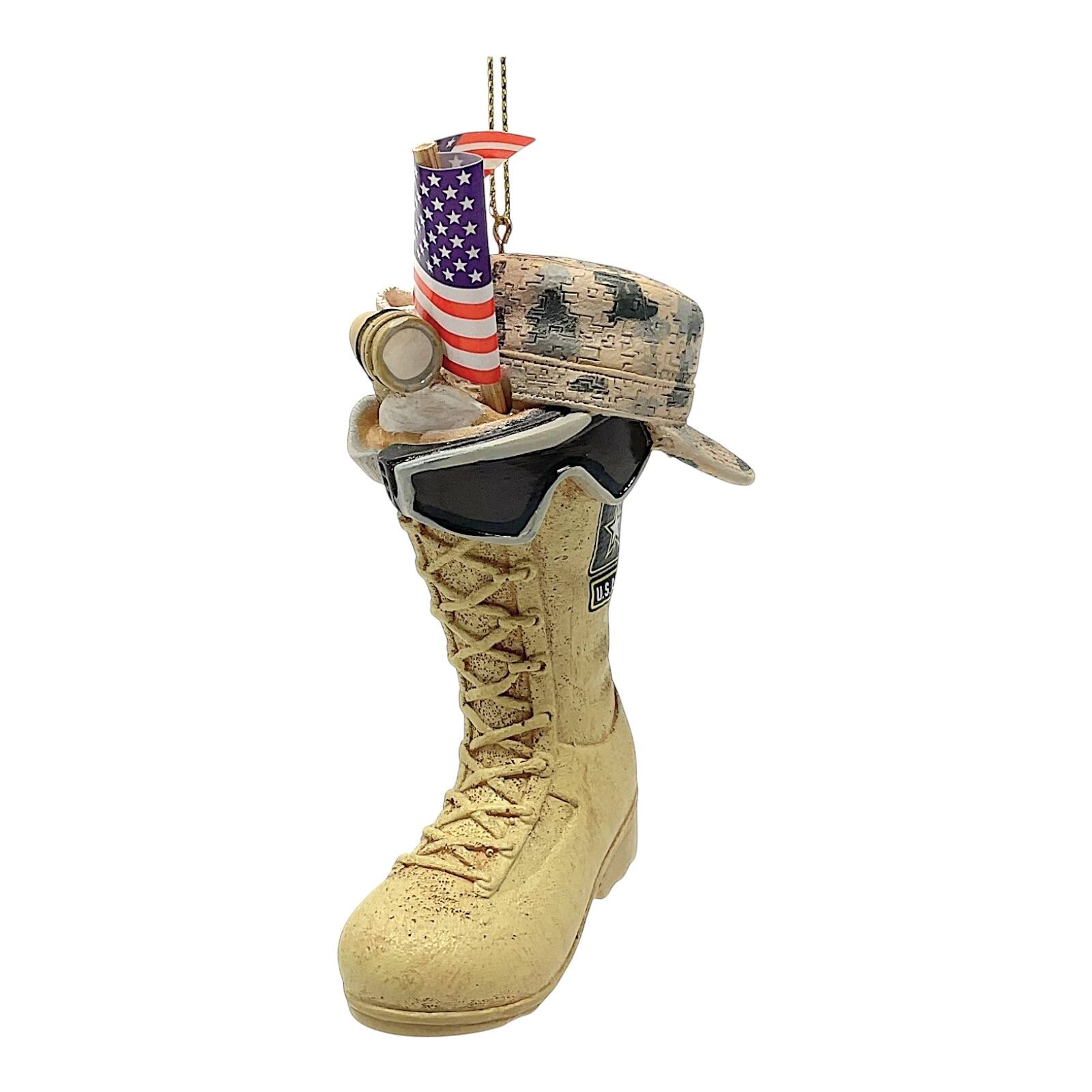 Angle. Kurt S Adler - Kurt Adler US Army Boot with USA American Flag and Icons Resin Christmas Tree Ornament 4.75 inch - Beige.