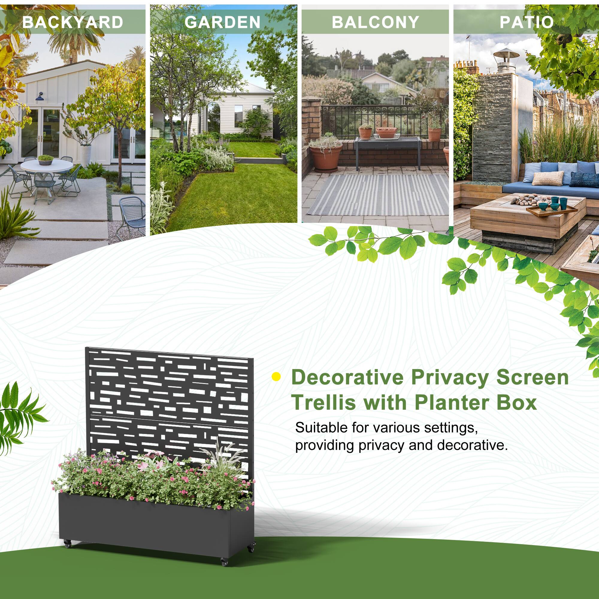 BACKYARD  
GARDEN  
BALCONY  
PATIO  

Decorative Privacy Screen Trellis with Planter Box  
Suitable for various settings, providing privacy and decorative.