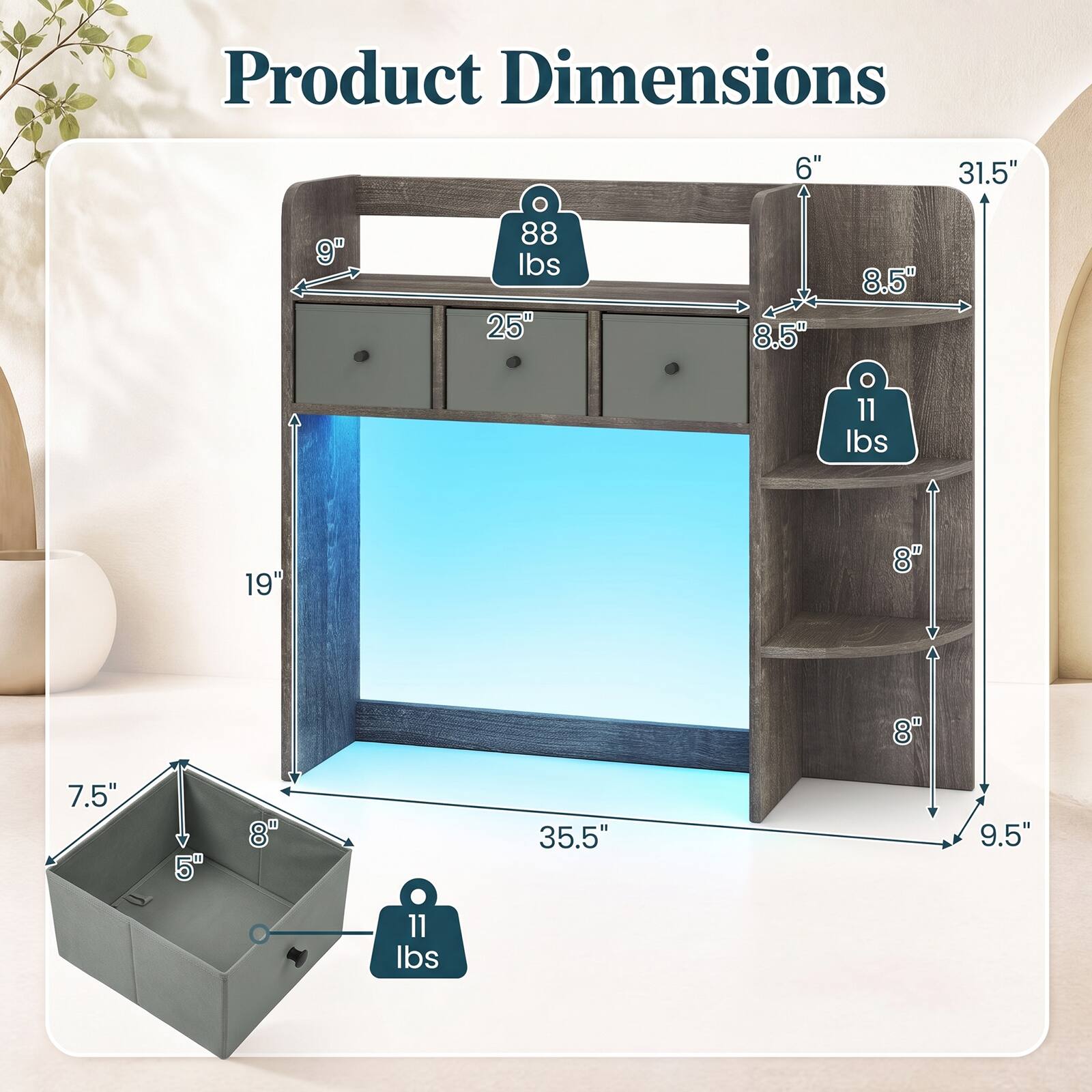 Product Dimensions

- 9"
- 25"
- 6"
- 8.5"
- 31.5"
- 11 lbs
- 19"
- 7.5"
- 5"
- 8"
- 35.5"
- 9.5"
- 11 lbs
