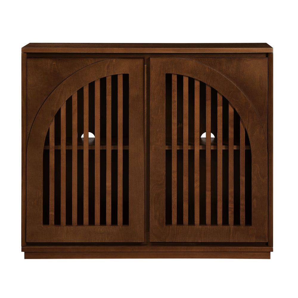 Front. Kadyn - Narrow Fluted Sideboard Cabinet with Electrical Outlets - Walnut - Brown.
