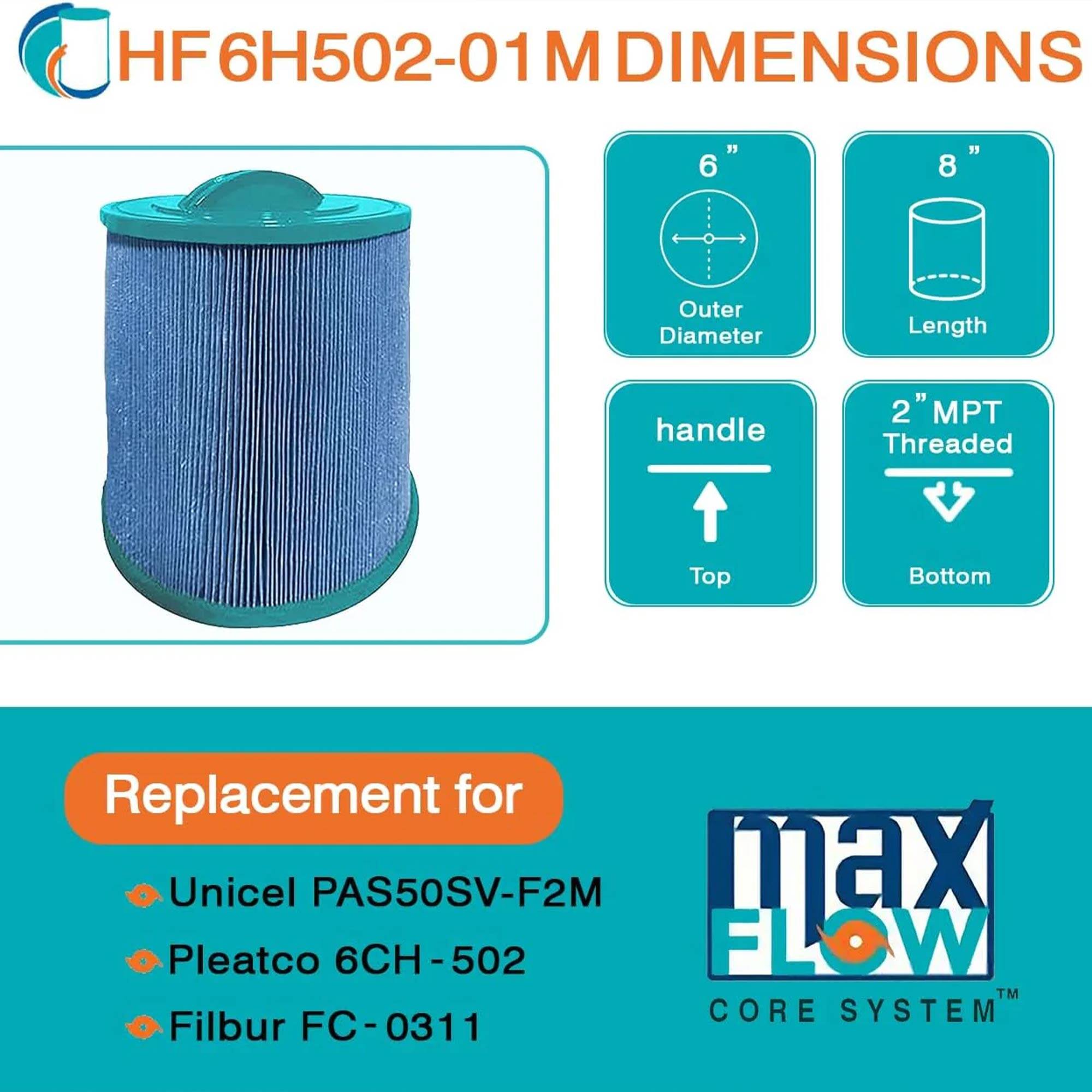 HF 6H502-01 M DIMENSIONS

- Outer Diameter: 6"
- Length: 8"
- Handle: Top
- 2" MPT Threaded: Bottom

Replacement for:
- Unicel PAS50SV-F2M
- Pleatco 6CH-502
- Filbur FC-0311

max FLOW CORE SYSTEM