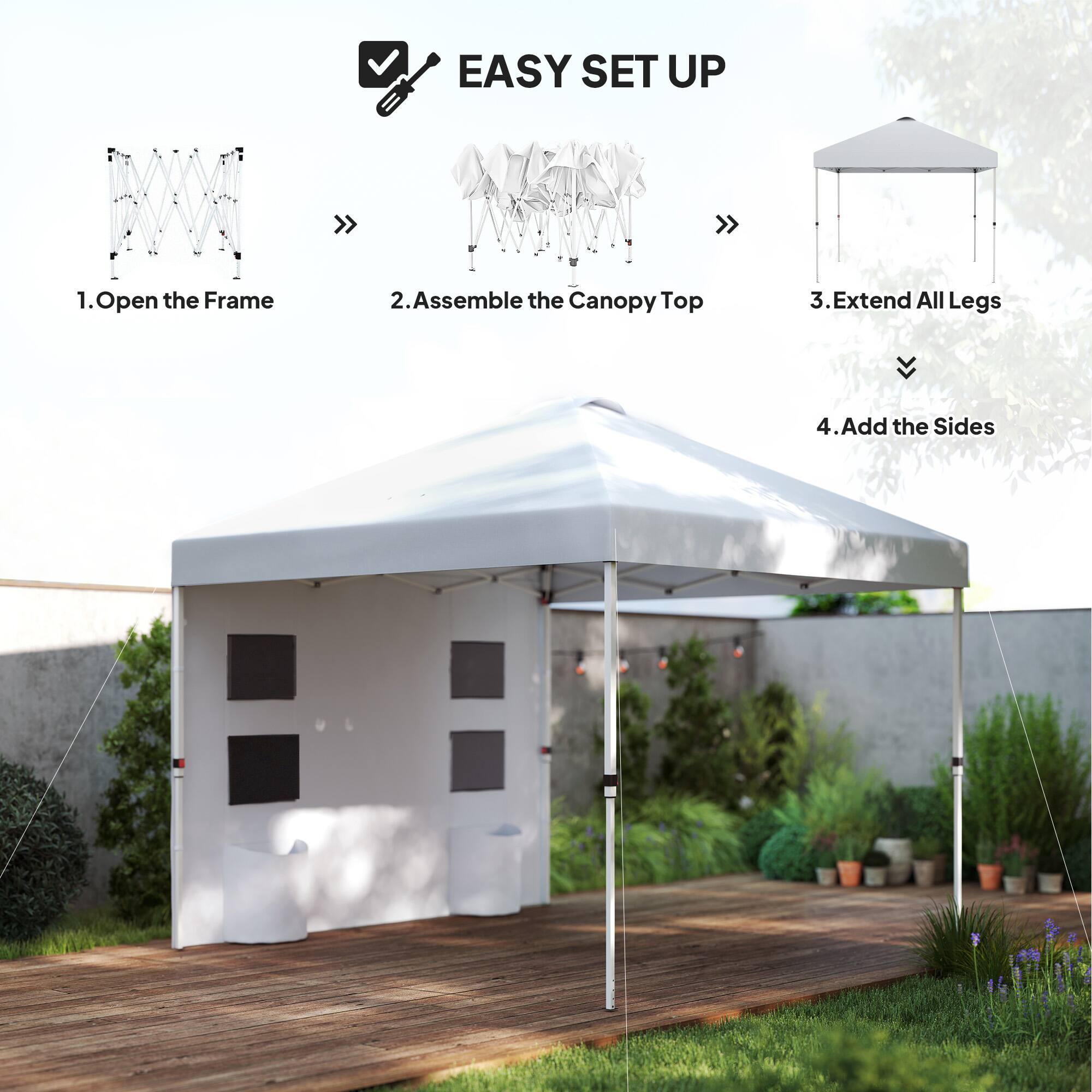 EASY SET UP >>  1. Open the Frame >> 2. Assemble the Canopy Top >> 3. Extend All Legs >> 4. Add the Sides