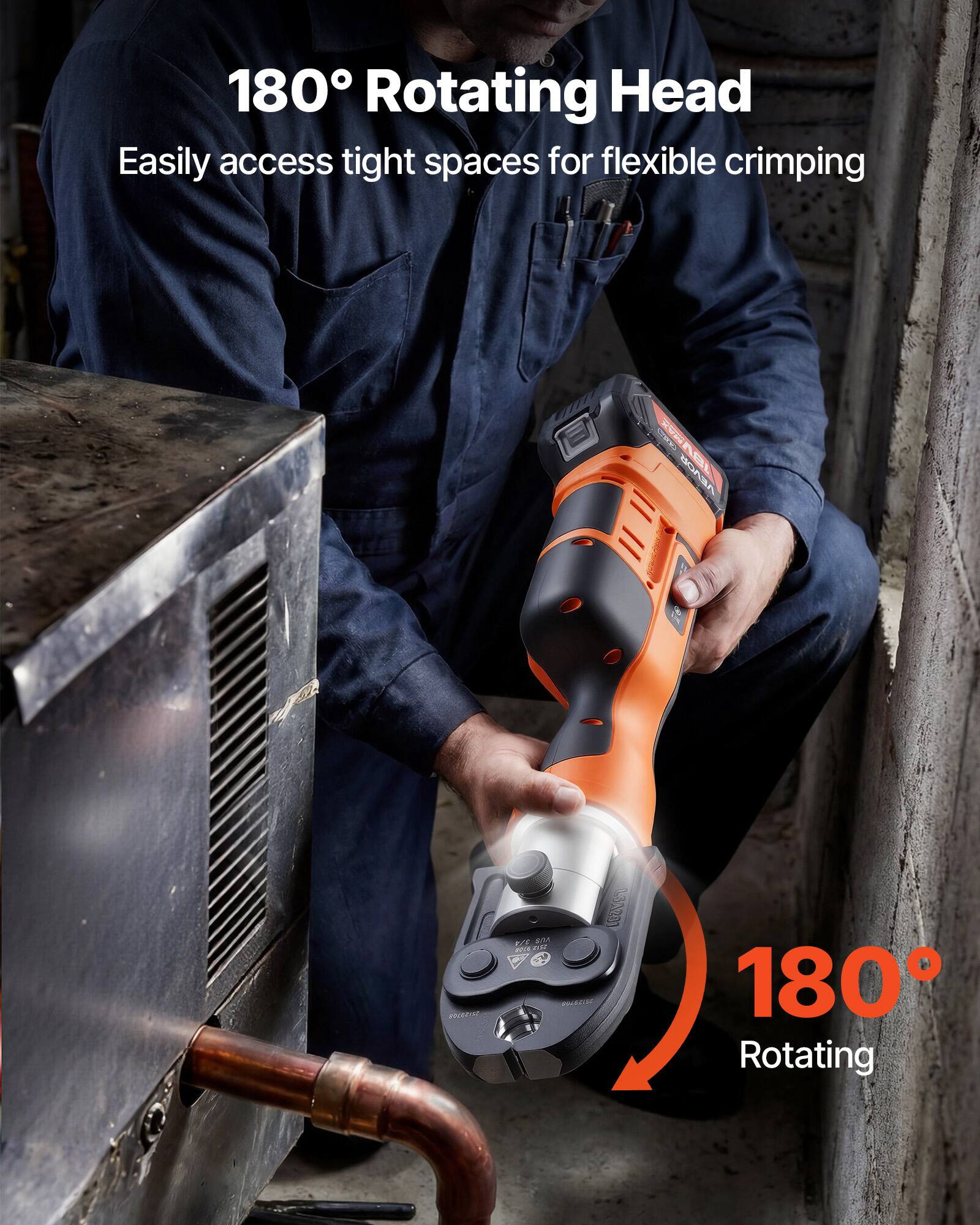 180° Rotating Head  
Easily access tight spaces for flexible crimping  

180° Rotating