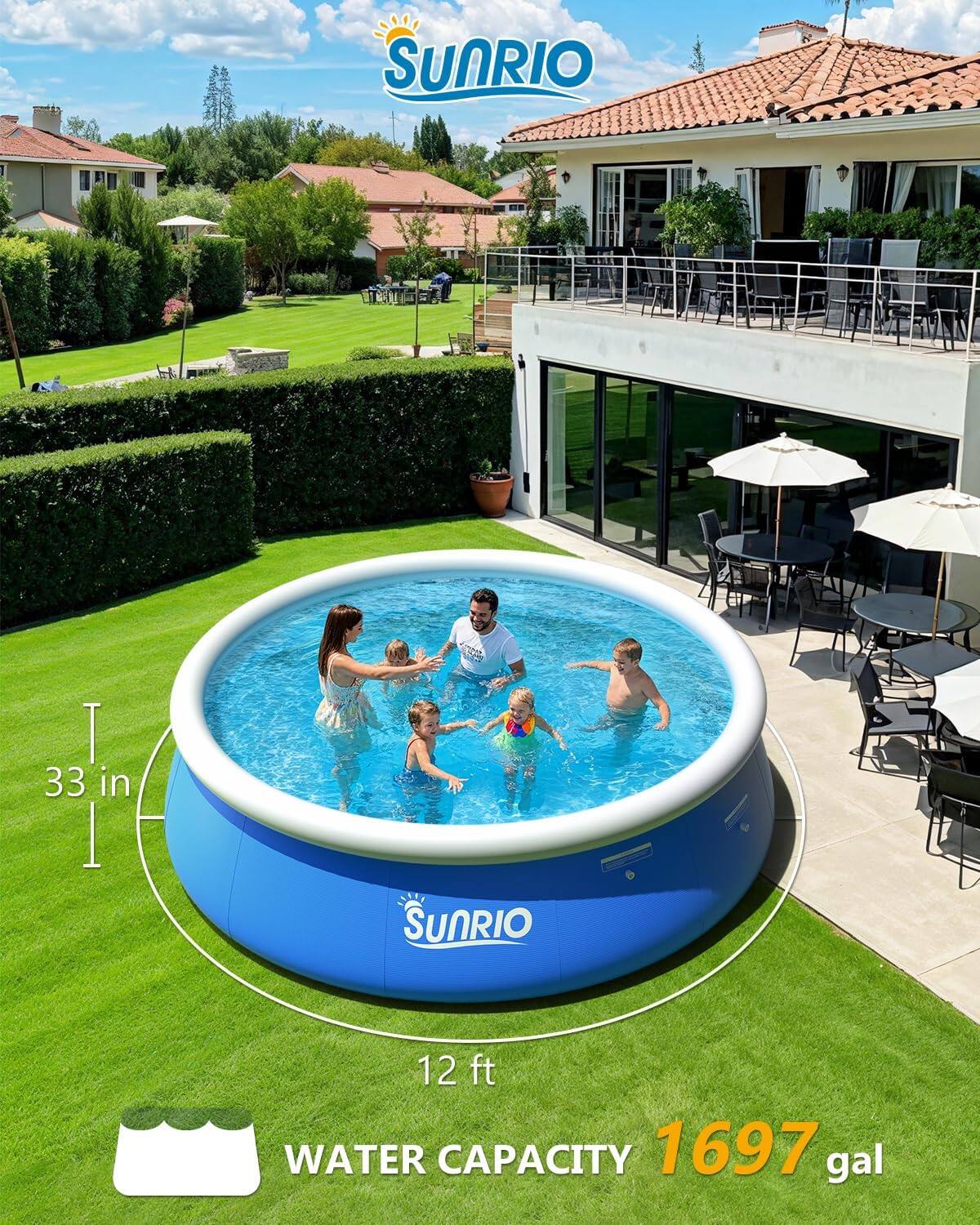 The text on the image can be grouped and corrected as follows:

- **SunRio T 33 in 12 ft**
- **Water Capacity: 1697 gal**

This indicates that the pool is 33 inches deep and has a diameter of 12 feet, with a water capacity of 1697 gallons.