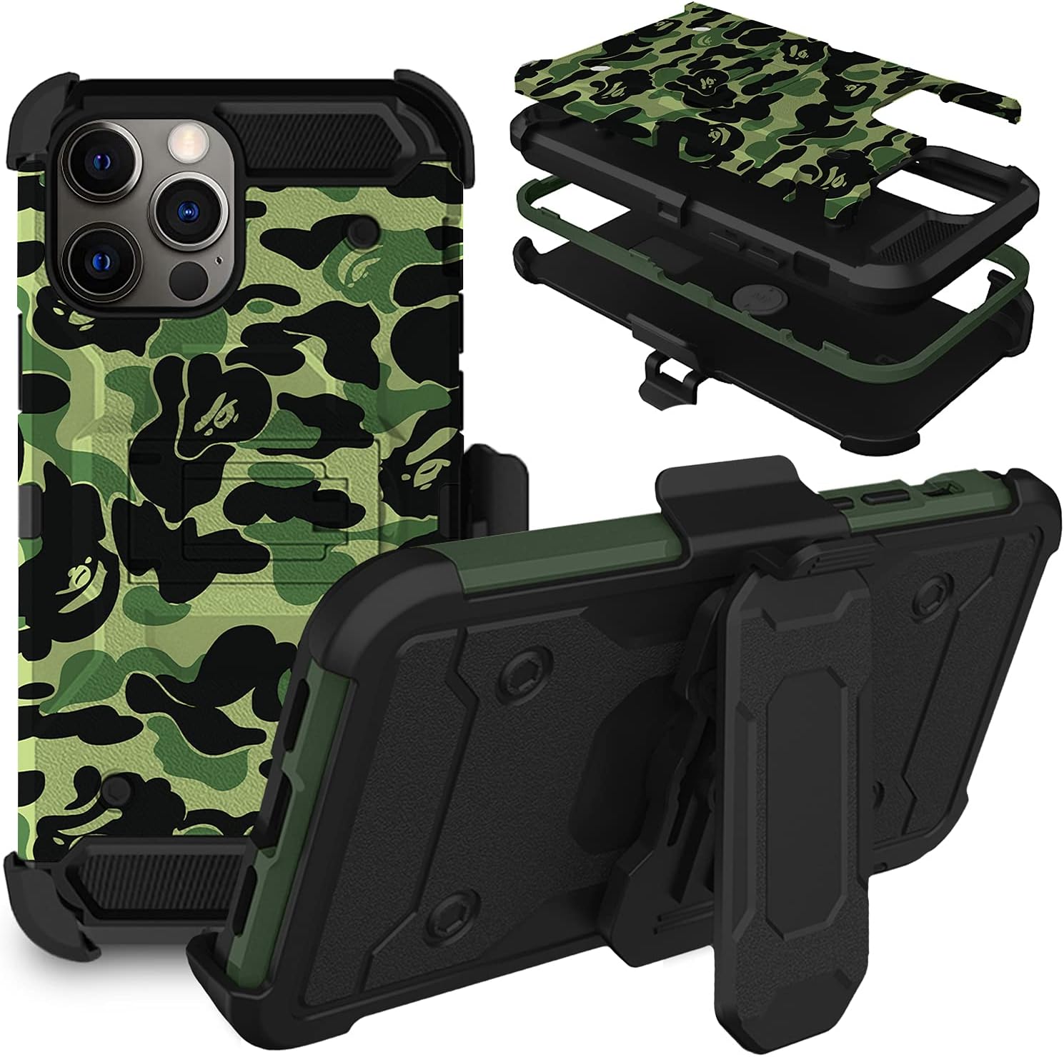 Front. DuraSafe Cases - iPhone 12 PRO Max - 6.7" Heavy-Duty Rugged Phone Case with Kickstand - Military Moss(With Holster).