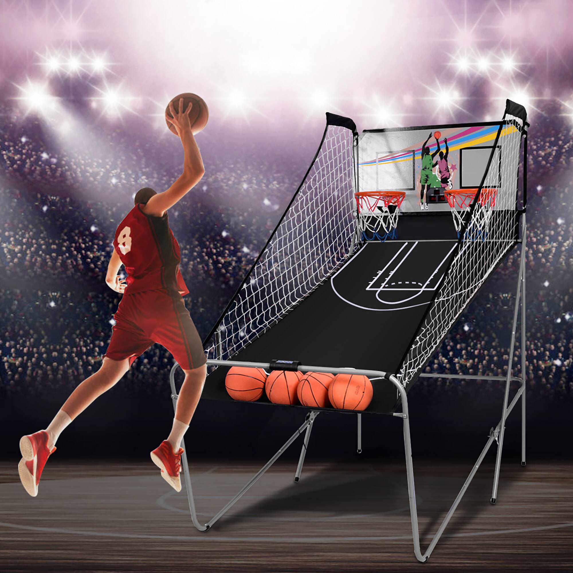 Alt View 17. Costway - Dual LED Electronic Shot Basketball Arcade Game with 8 Game Modes 4 Balls Foldable - Gray.