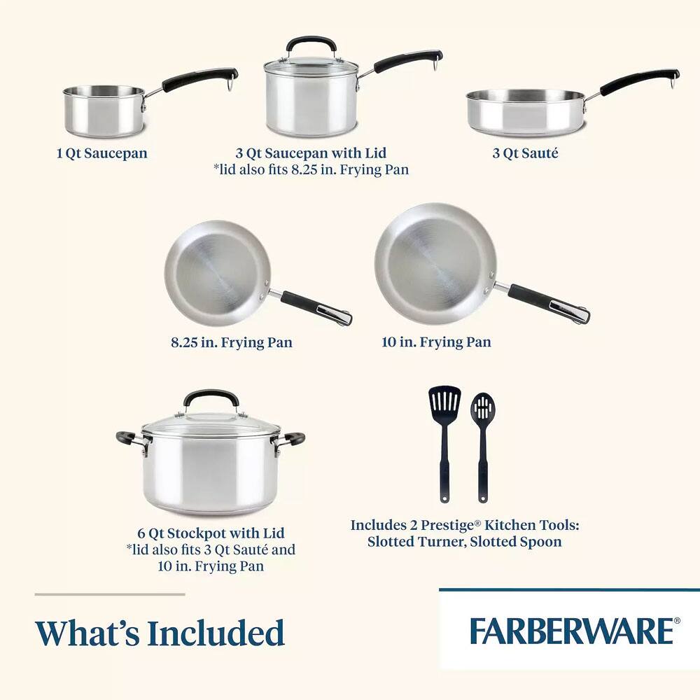 1 Qt Saucepan  
3 Qt Saucepan with Lid *lid also fits 8.25 in. Frying Pan  
3 Qt Sauté  
8.25 in. Frying Pan  
10 in. Frying Pan  
6 Qt Stockpot with Lid *lid also fits 3 Qt Sauté and 10 in. Frying Pan  
Includes 2 Prestige Kitchen Tools: Slotted Turner, Slotted Spoon  
What's Included  
FARBERWARE