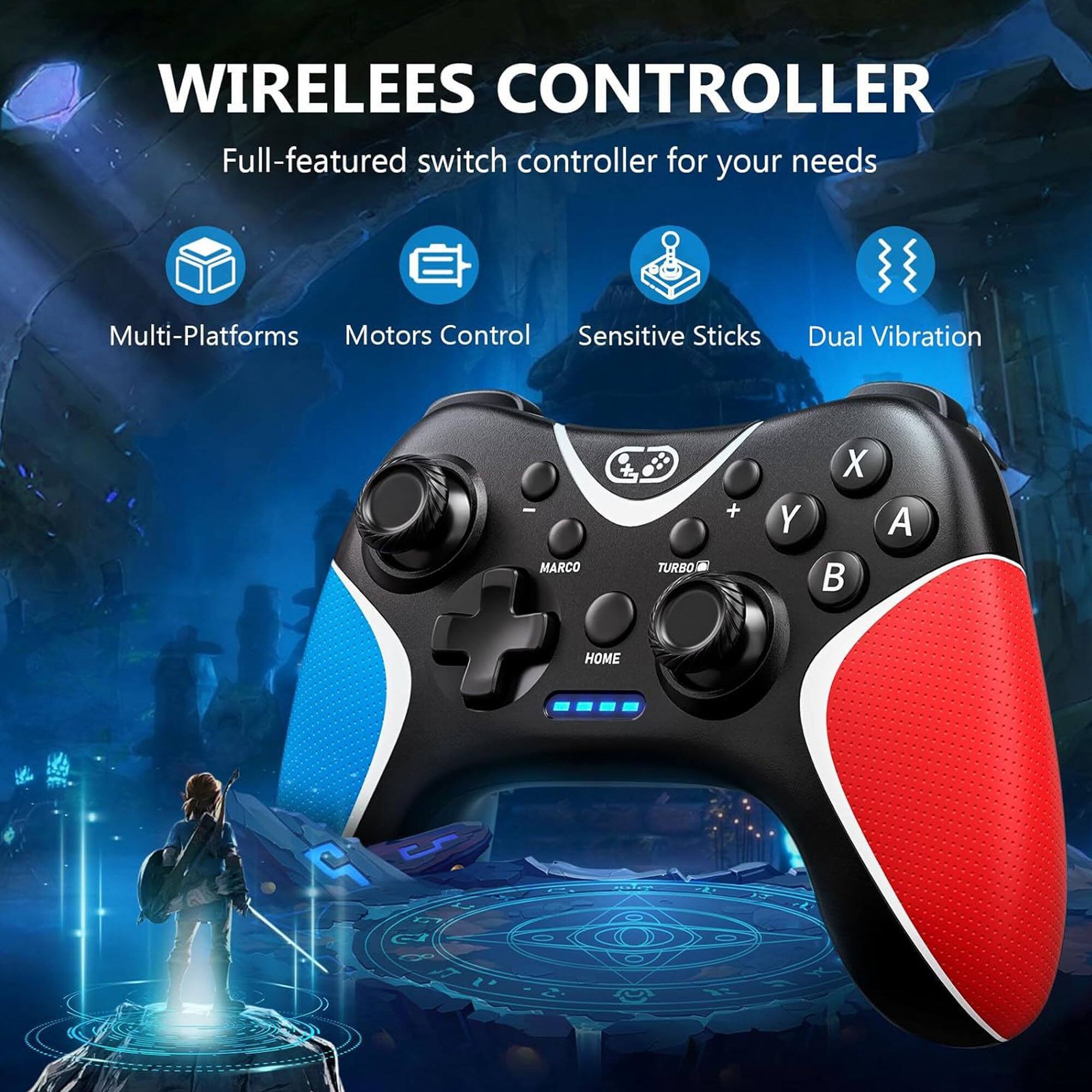 WIRELESS CONTROLLER  
Full-featured switch controller for your needs  
Multi-Platforms  
Motors Control  
Sensitive Sticks  
Dual Vibration  

Buttons:  
- MARCO  
- TURBO  
- HOME  
- A  
- B  
- X  
- Y