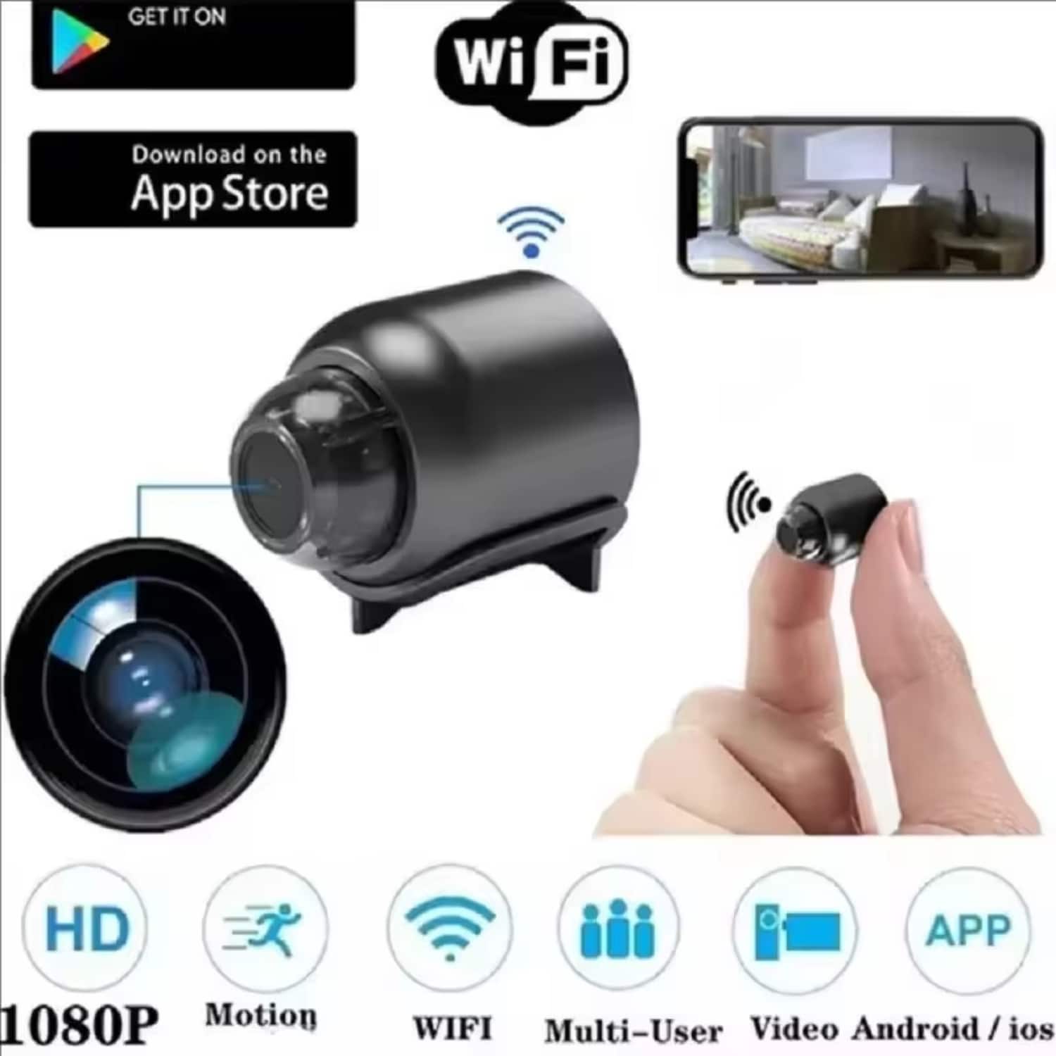 Luckbyte - Wireless 1080P HD Mini Security Camera Baby Monitor - Black