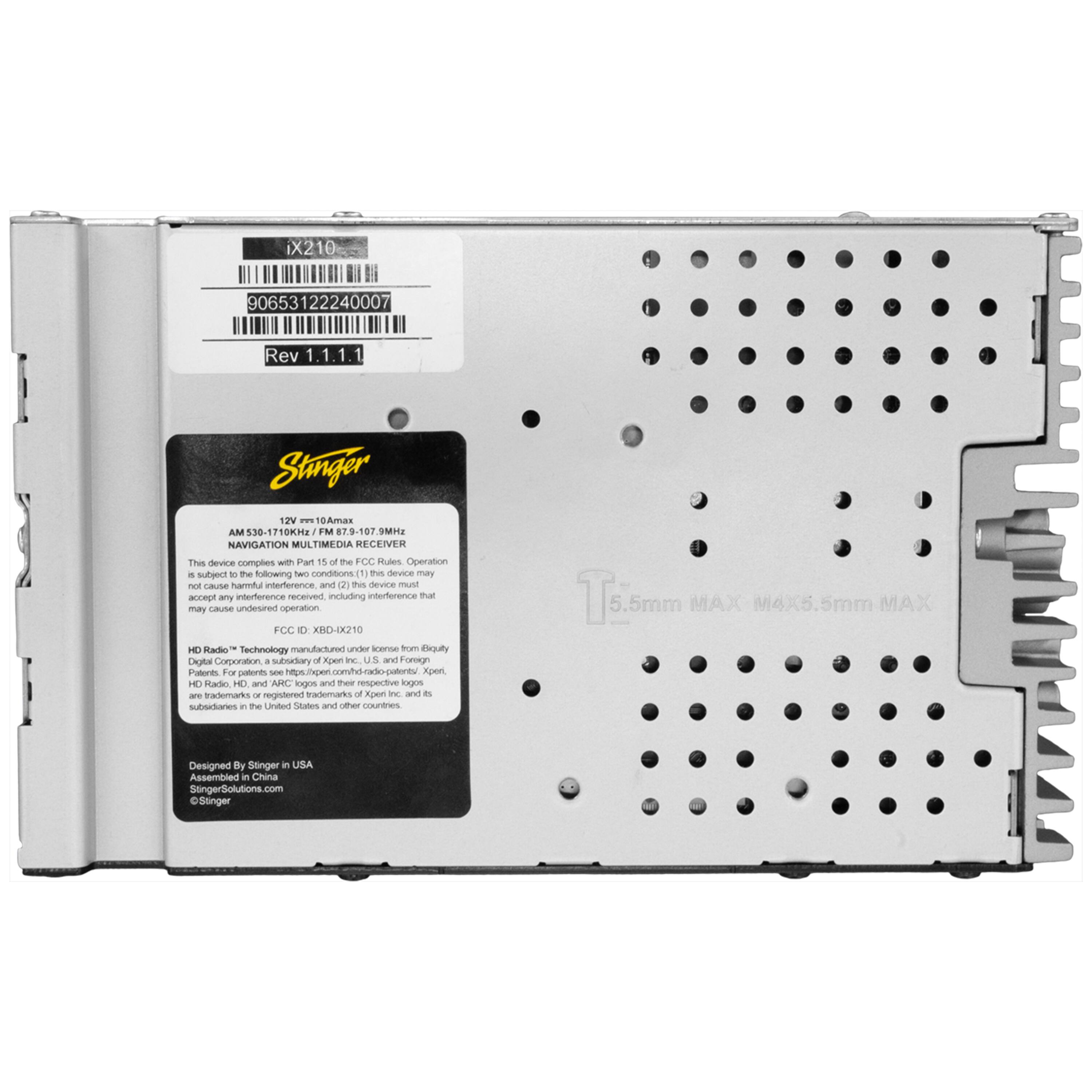 The image features a silver box with a label on it that reads "X210 90653122240007 Rev 1.1.1." The box is made by Stinger and is designed for use with HD Radio Technology. It is a navigation multimedia receiver that complies with FCC regulations and is suitable for use in the United States and foreign countries. The box is assembled in China and is available for purchase at StingerSolutions.com.