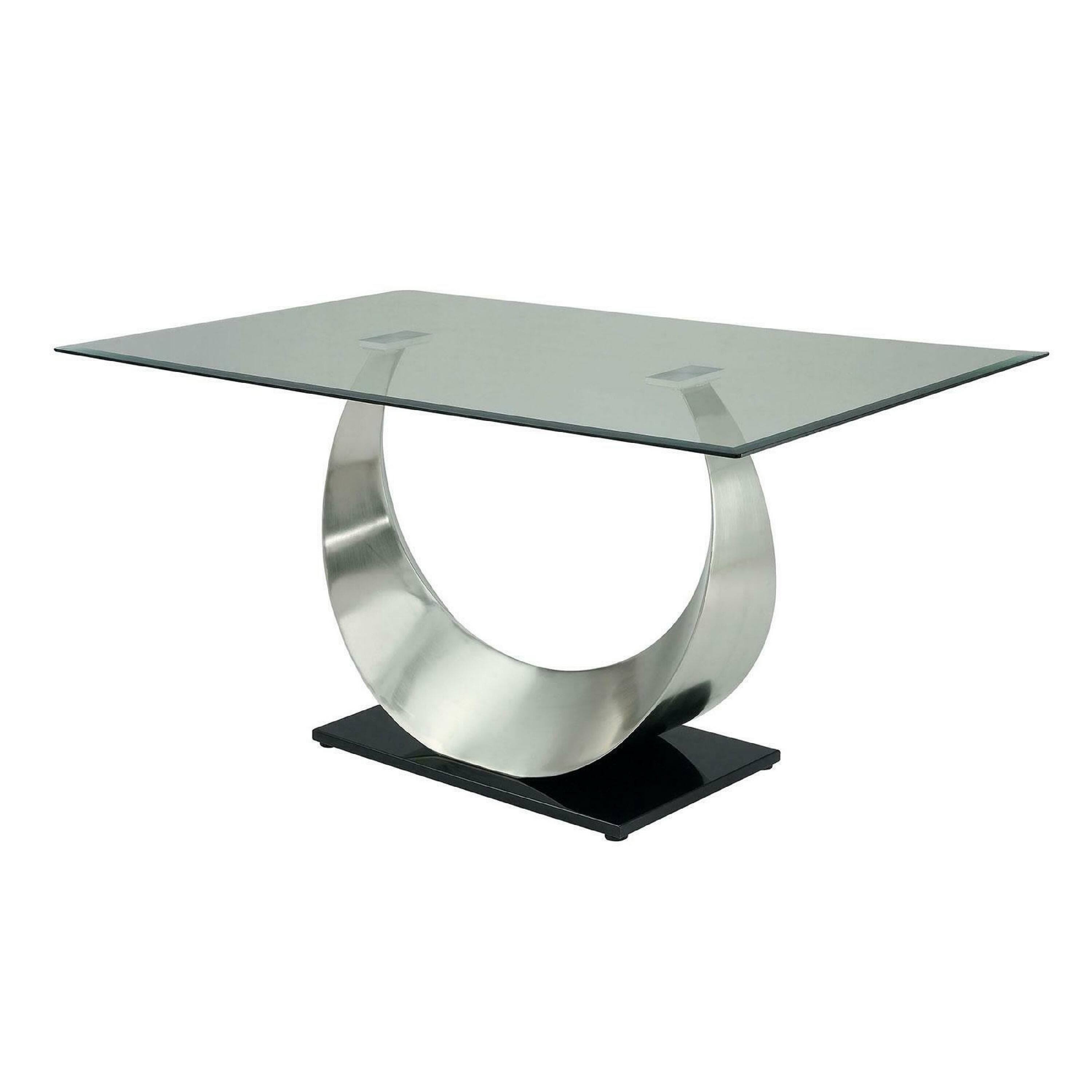 Alt View 2. Manhattan Lane - Metal and Glass Dining Table with Unique U Shape Pedestal Base - Chrome and Black.