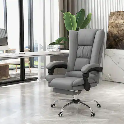 Front. HTUTWOO - Vibration Massage Office Chair - with Heat & Footrest, Faux Leather Desk Chair,Adjustable for Home Office, Study - Gray.