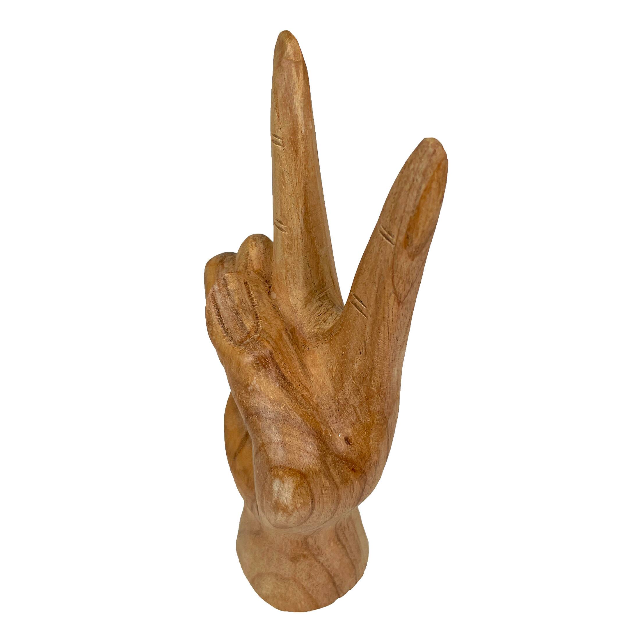 Alt View 9. Zeckos - Carved Wooden Peace Sign Hand Gesture Statue Natural Finish 7.75 Inches High - Brown.