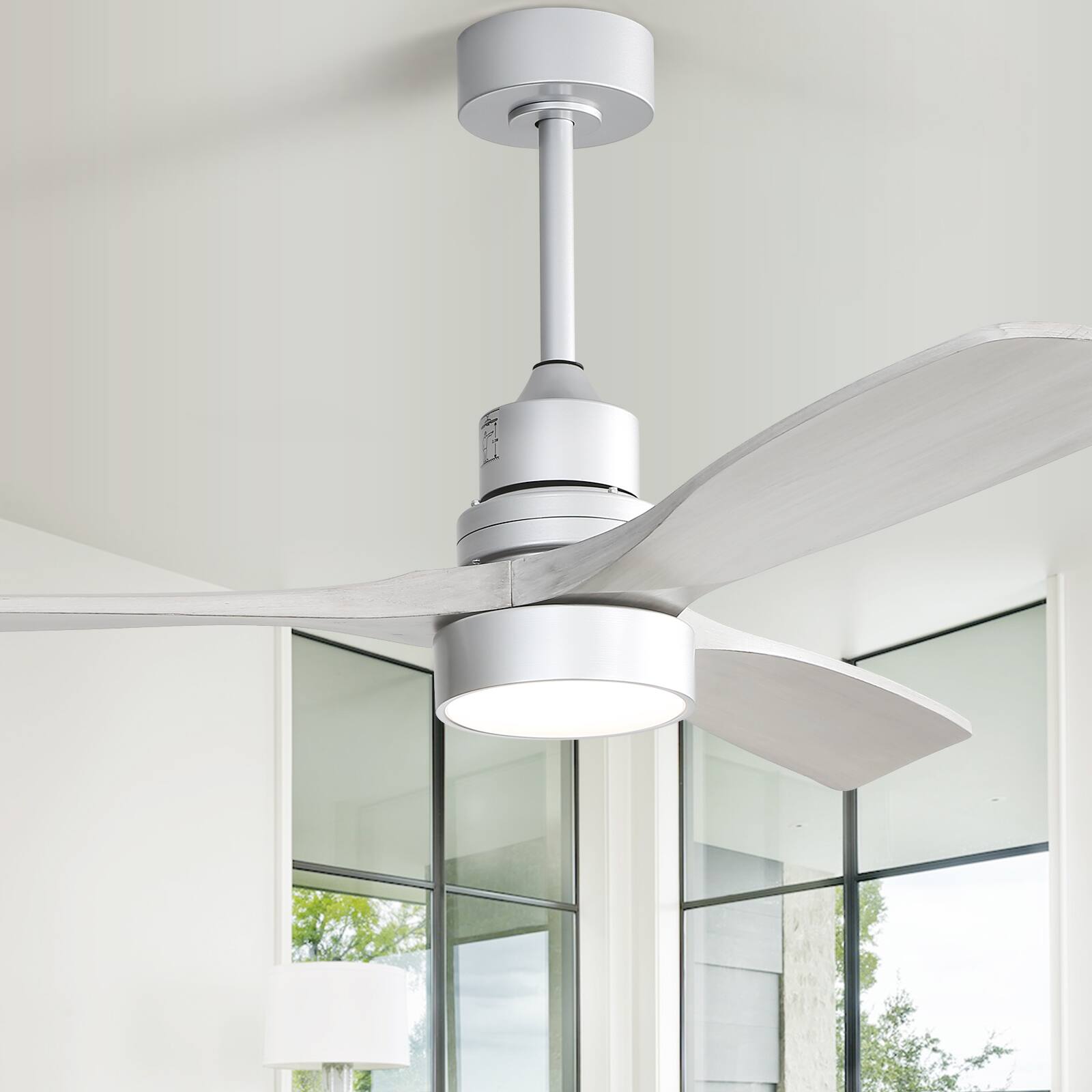 Angle. Sofucor - 52 Inch Modern Solid Wood Ceiling Fan With Light and Remote 6 Speeds/Reversible Quiet DC for Bedroom Indoor/Outdoor - Silver Grey Wood.