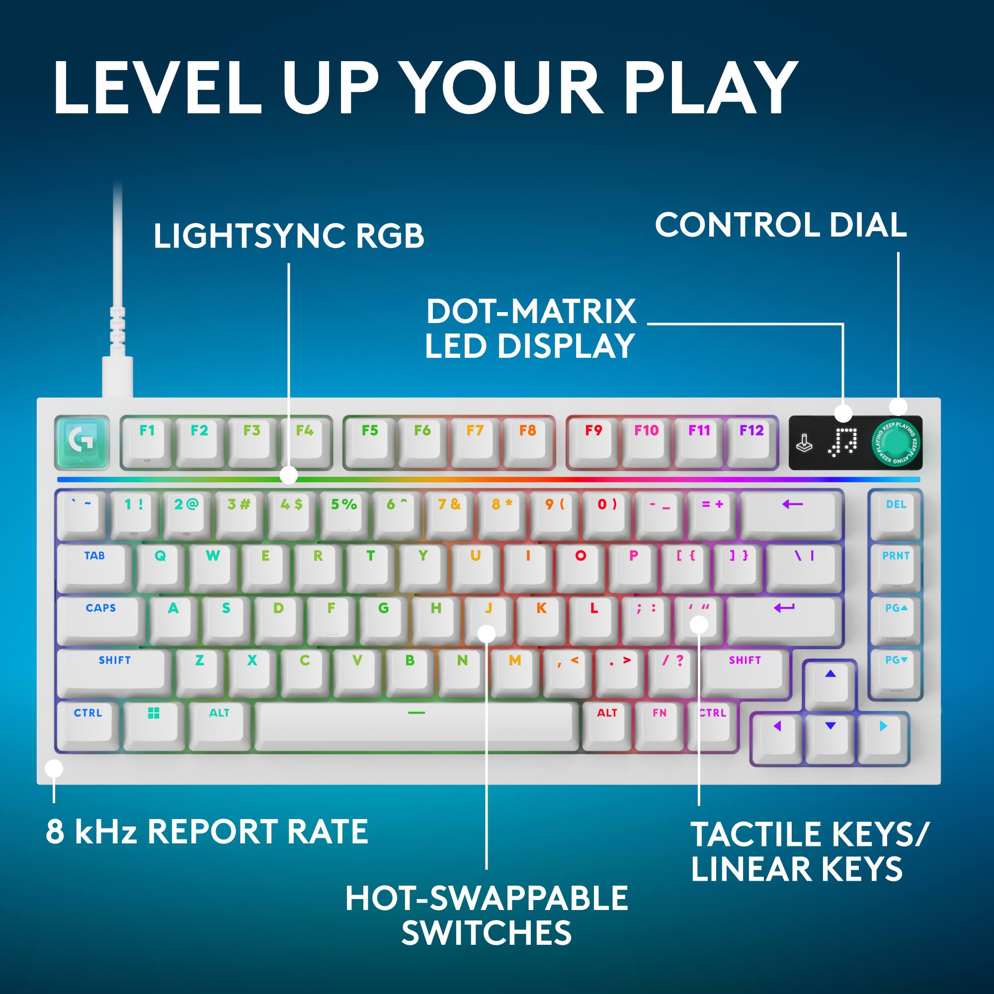 LEVEL UP YOUR PLAY

LIGHTSYNC RGB

CONTROL DIAL

DOT-MATRIX LED DISPLAY

F1 1!
F2 2@
F3 3#
F4 4$
F5 F6 F7 F8 5% 6^ 7 & 8* 9(
F9 0)
F10
F11 =+
F12
-
PLAYING VYSING  PEEMPLATING DEL
TAB
Q
W
E
R
T
Y
U
I
O
P
[{
]}
1/
PRNT
are
CAPS
A
S
D
F
G
H
J

L
PGA
SHIFT
Z
X
C
V

N
M
SHIFT
PGV
CTRL
ALT
-
ALT
FN
CTRL

8 kHz REPORT RATE

TACTILE KEYS/ LINEAR KEYS

HOT-SWAPPABLE SWITCHES