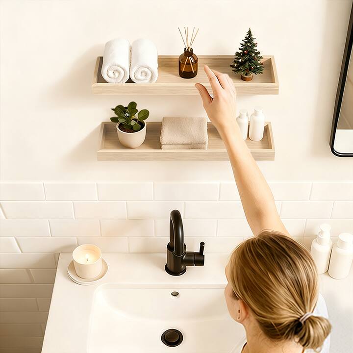 Alt View 1. BOMEDA - 2 Pack 16 in Floating Shelves for Wall, Rustic Wooden Wall Shelves with Raised Lip for Bathroom, Bedroom, Kitchen - Oak.