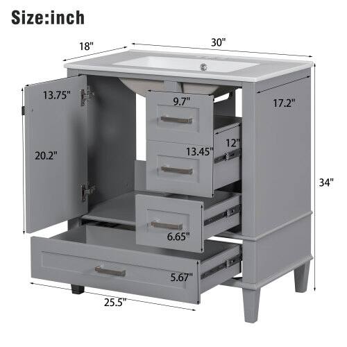 Size: inch  
18" 30" 13.75" 9.7" 17.2" 20.2" 13.45" 12" 34" 6.65" 5.67" 25.5"