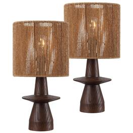 Jonathan Y - Rickie 19 in. Sculptural Resin with Hand-Woven Paper Rope Drum Shade LED Table Lamp, (Set of 2) - Dark Brown Wood Finish