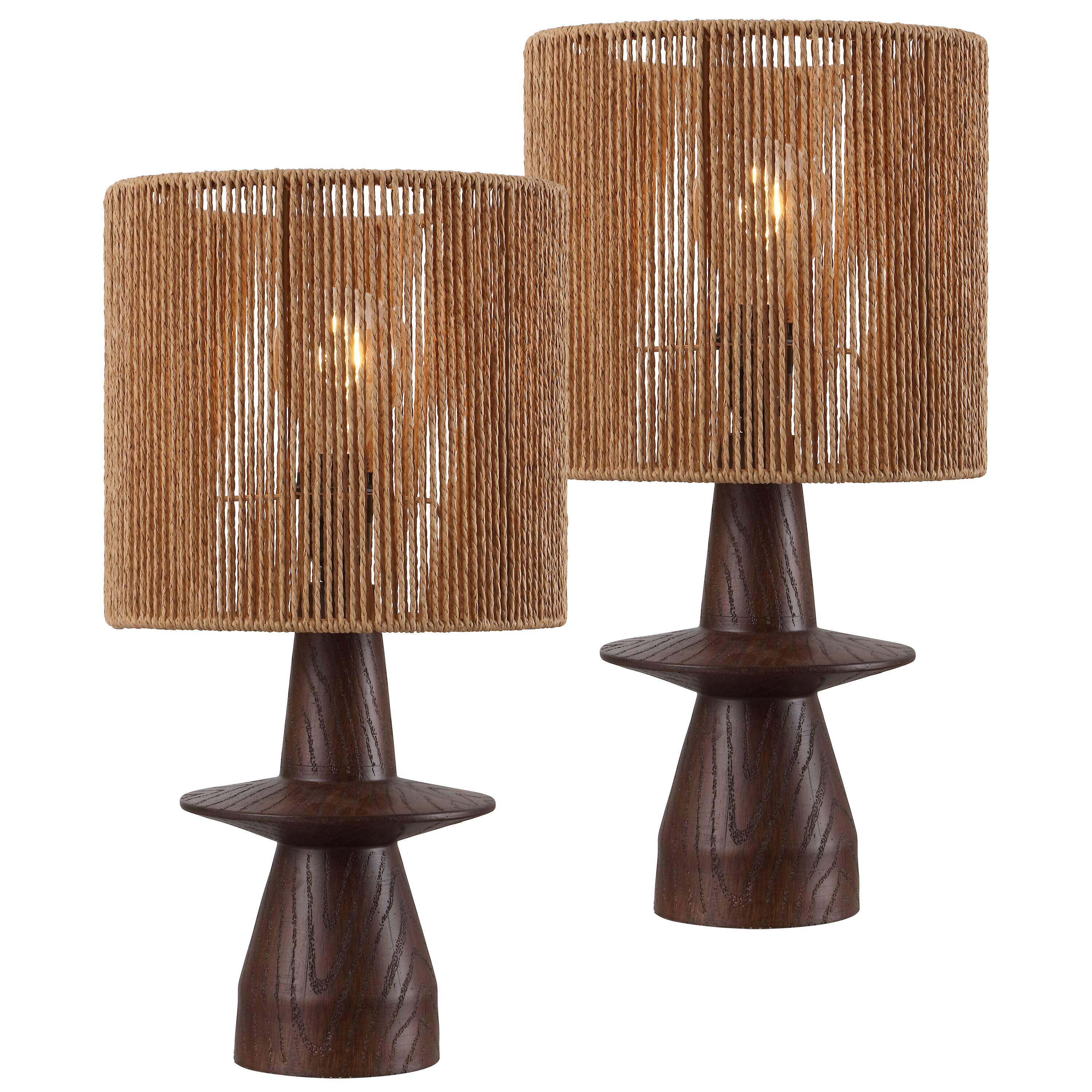 Front. Jonathan Y - Rickie 19 in. Sculptural Resin with Hand-Woven Paper Rope Drum Shade LED Table Lamp, Dark Brown Wood Finish (Set of 2) - Dark Brown Wood Finish.
