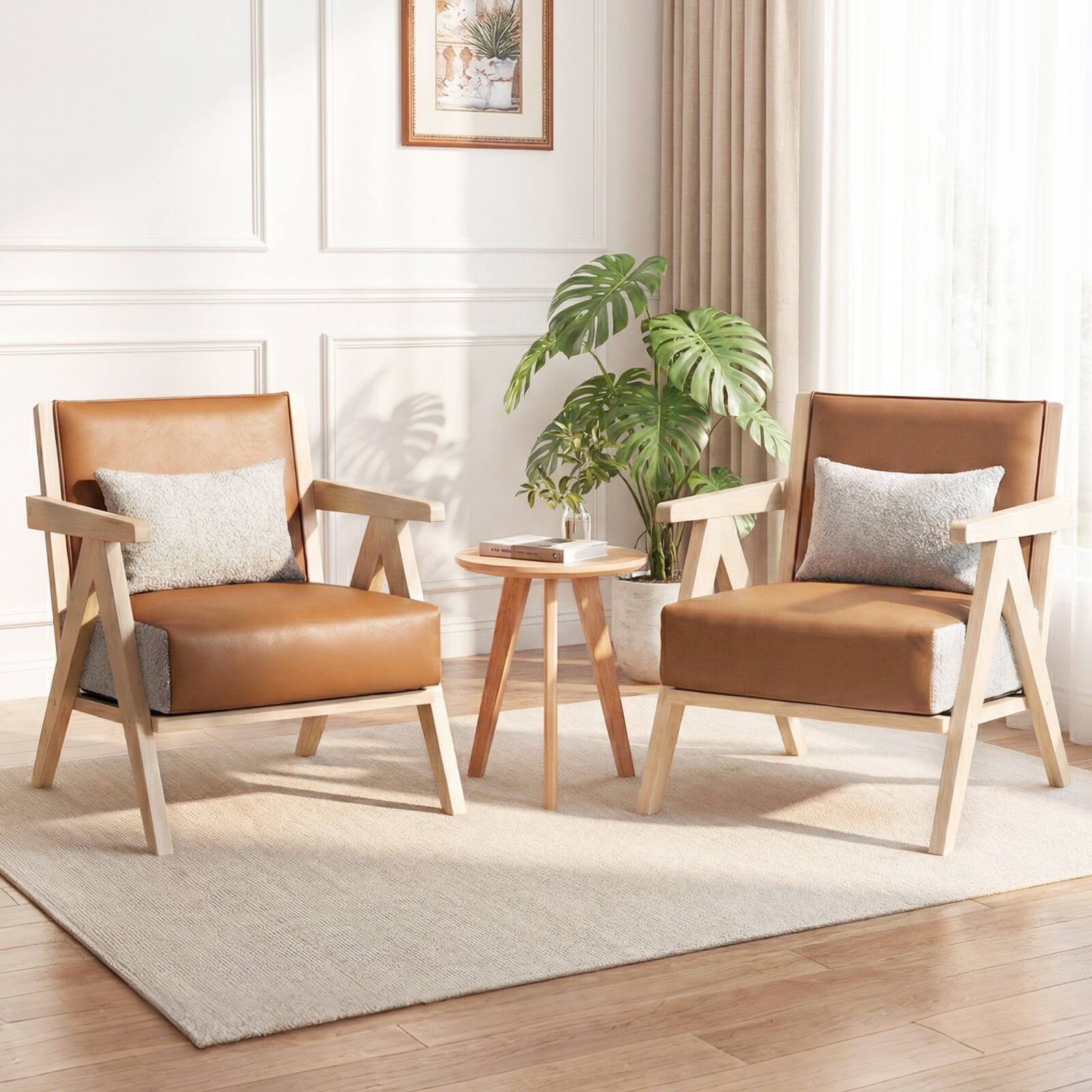 Alt View 3. Costway - Costway 2 PCS Faux Leather Single Sofa Chair & Loveseat with Rubber Wood Frame, Pillows - Brown + Gray.